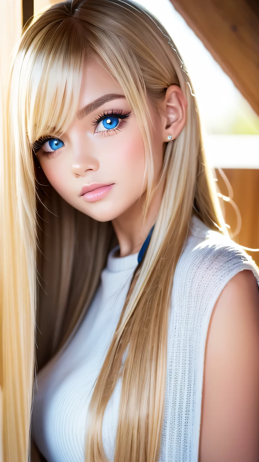 Very beautiful shiny pretty face、Beautiful shiny white skin、Glowing cheek highlight、Beautiful cute sexy pale bright blue eyes、hair over eyes、hair over one eye、hair between eyes、Big double eyelid eyes、Beautiful very long shiny silky pale blonde straight hair、Sexy 、A cute beautiful girl with long bangs、The most beautiful girls in the world in the West、Round face、Adorable appearance、