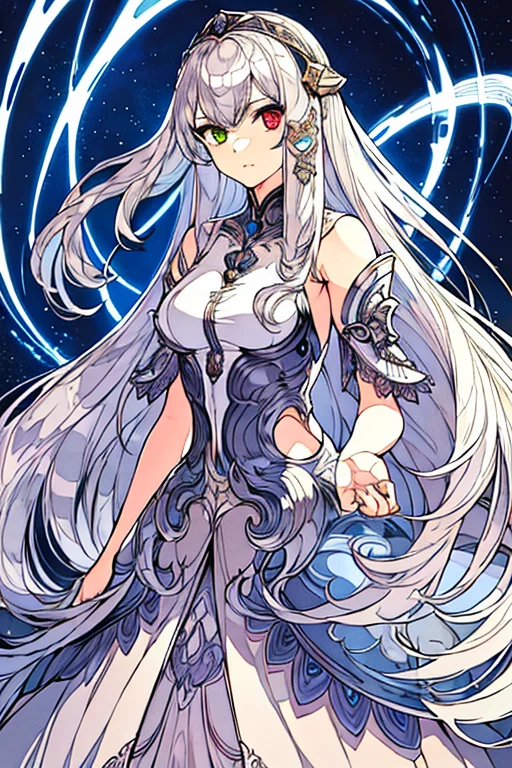 Best image quality, Excellent details, Best illustrations, Delicate and beautiful features,
(1girl, heterochromi, (long silver hair), dress, tall height, medium breast, torogao)