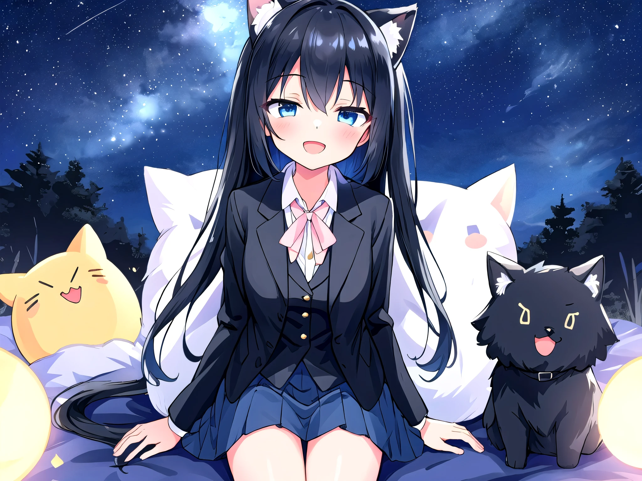 One Girl、Starry night view、ベンチに座ってStarry night viewを見ている女の子、one girl, Ultra-high resolution, highest quality,black hair、straight long、Black Hair、Neat hair、neat hair、medium bust、busty、beautiful detailed eyes、Blue Eyes、Black hair × Blue eyes、blue eyes、straight long hair、Solo,Era: Late 20s, Open your mouth without showing your teeth、Smile with mouth wide open、Open your mouth wide、Clothes with open buttons、black long sleeve blazer clothes,Black pleated skirt、Knee-high socks、loafers