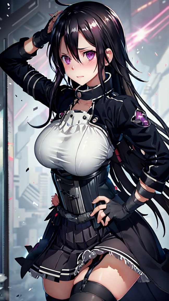 Kirito, black garter belt,Super big breasts breast enlargement , overthrown Jacket, skirt, corset long hair, blushing, purple eyes, sci-fi urban full-body shot