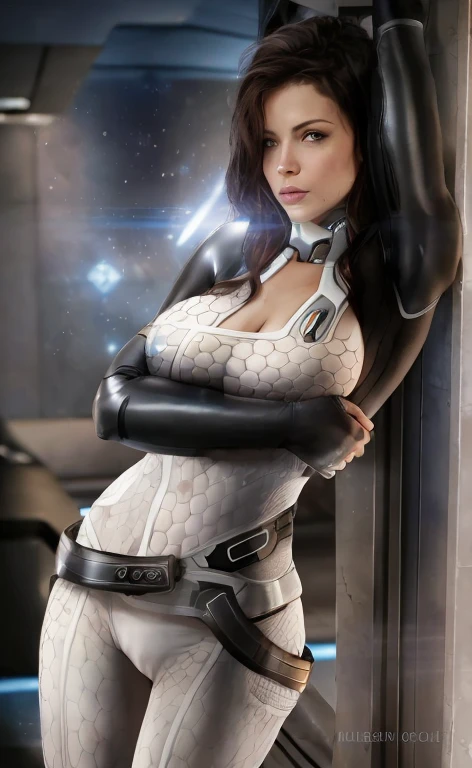 a woman nude and beautiful pussy and nipples, posing for a picture, inspired by Marek Okon, mass effect fantasy, futuristic starship crew member, scifi woman, shepard fairy style art, mass effect style, mass effect inspired, sci-fi female, inspired by Eve Ryder, by Marek Okon, pristine concept art,(((Nude, Beautiful pussy))), take your sole, temptation, wider hips