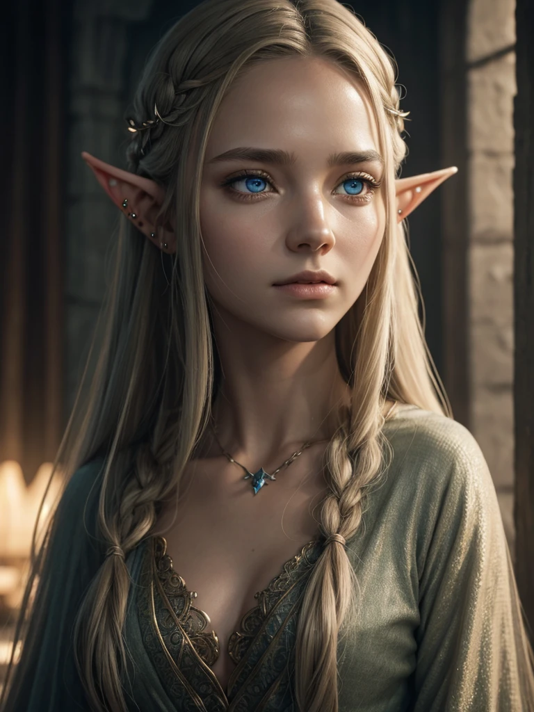 (detailed face, detailed eyes, clear skin, clear eyes), lotr, fantasy, elf, female, full body, looking at viewer, portrait, photography, detailed skin, realistic, photo-realistic, 8k, highly detailed, full length frame, High detail RAW color art, piercing, diffused soft lighting, shallow depth of field, sharp focus, hyperrealism, cinematic lighting