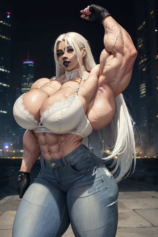 (((((Massive tall, beautiful, buff, light brown skinned muscular woman with white hair, black lipstick, ginormous bulky muscles, and wearing a white lace bra with tight denim pants))))), close view, massive muscle, massive biceps, hyper muscle shoulders, (massive muscle arms), vascular shoulders, hyper muscle triceps, (long straight hair), blue eyes, choker, (long fingerless gloves), black boots, (in a rainbow city), confidant smile, night, hyper vascular arm, hyper muscles arms, hyper muscle legs, (massive arms).