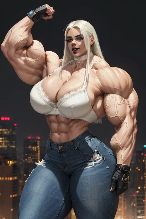 (((((Massive tall, beautiful, buff, light brown skinned muscular woman with white hair, black lipstick, ginormous bulky muscles, and wearing a white lace bra with tight denim pants))))), close view, massive muscle, massive biceps, hyper muscle shoulders, (massive muscle arms), vascular shoulders, hyper muscle triceps, (long straight hair), blue eyes, choker, (long fingerless gloves), black boots, (in a rainbow city), confidant smile, night, hyper vascular arm, hyper muscles arms, hyper muscle legs, (massive arms).