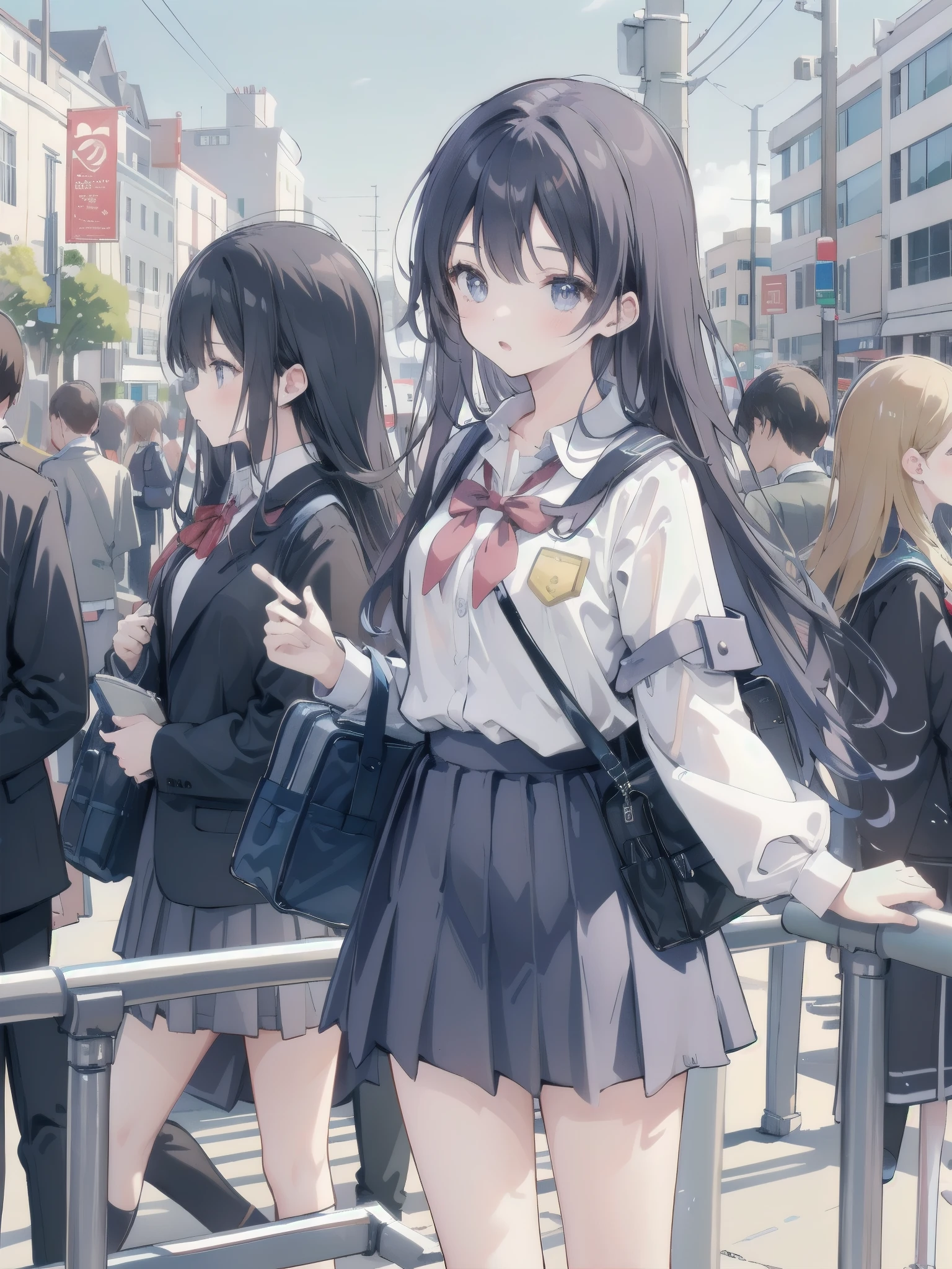 One girl, spring, high school, , warm colours, schoolbag, accurate and very detailed background, crowd of schoolgirls in uniform with various body shapes and hairstyles, cute.
