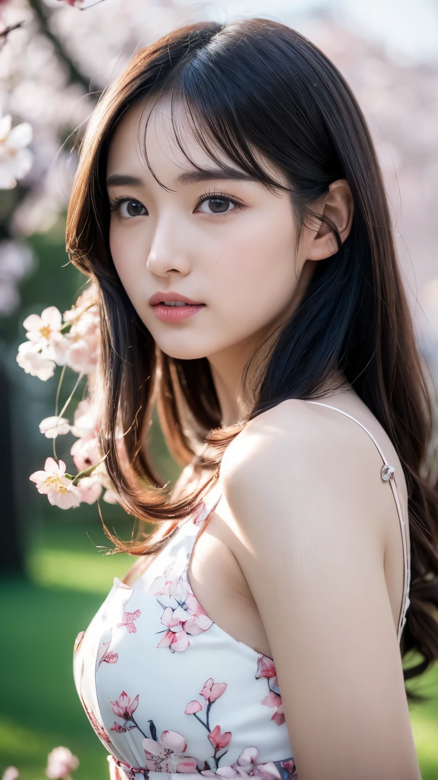 (logo、masterpiece、8k、Tabletop、RAW Photos、wonderful、最high quality、フォトリアリスティックでVery detailedな CG 統合 8k 壁紙、high quality、Very detailed、Narrative poem、Particle Effects、Dynamic Effects、Written boundary depth、Cinematic Light、Lens flare、Ray Tracing)、Fantasy、 (One beautiful woman、dress、dress、Cherry blossom pattern、Black-haired、Beautiful Face、True Face、Beautiful details、eye、Beautiful Skin)、髪がWindで踊る、Hair flutters in Wind、Hair bounces、Pink cherry blossom tree、Petals fluttering、SakuraFubuki、wonderful景色、sunrise、Sun in the background、Wind