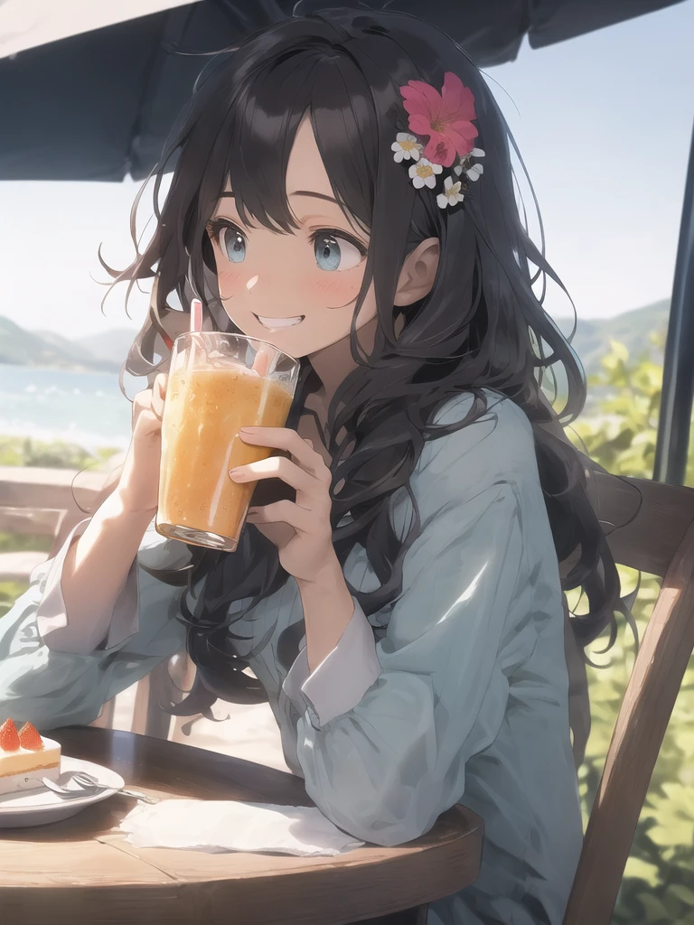 (looking away:1.2),(masterpiece:1.2), (best quality),(ultra detailed),(extremely detailed),(absolutely resolution) ,absurdres,8k, 1girl-drinking-fruits-juice, cafe, sitting-on-the-chair, grin, cake, mountain, blue-coral-sea,  flowers-pods, windy, 
BREAK,  ultra detailed eyes, long hair, messy hair, (gradation hair:1.2),