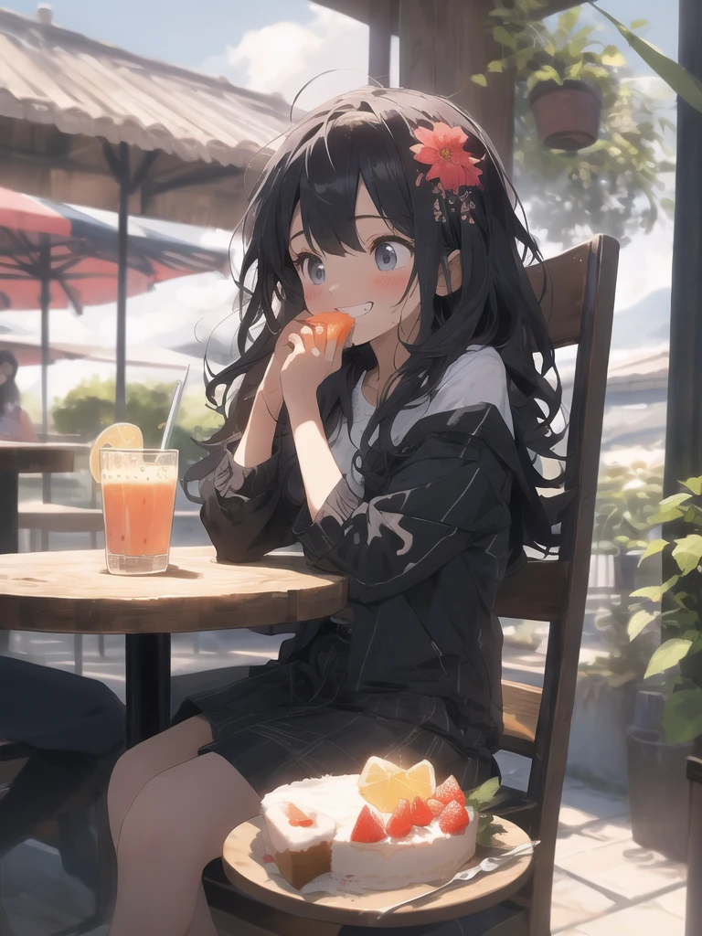 (looking away:1.2),(masterpiece:1.2), (best quality),(ultra detailed),(extremely detailed),(absolutely resolution) ,absurdres,8k, 1girl-drinking-fruits-juice, cafe, sitting-on-the-chair, grin, cake, mountain, blue-coral-sea, flowers-pods, windy,
BREAK, ultra detailed eyes, long hair, messy hair, (gradation hair:1.2),