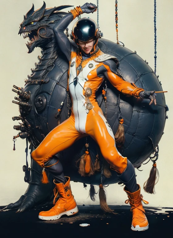 perfect proportions, anatomically correct, (head to toe: 2.0), (full body image: 2.0), solo, (Casshern: 1.6), extremely stylized, deviant art, masterpiece, highly detailed, detailed eyes, expressive detailed eyes, detailed pupils, futuristic, ((1950s scifi helmet)), ((pointy helmet)), Rubber Gloss, (orange skinsuit:1.4), white boots, entire body image, full body shot, nvinkpunk, professional photograph of alexander_skarsgard, tassles, large beads, large tassels, navy blue and white, cyberpunk, inkpunk, paint platter, ink splatter, (action pose:1.0)