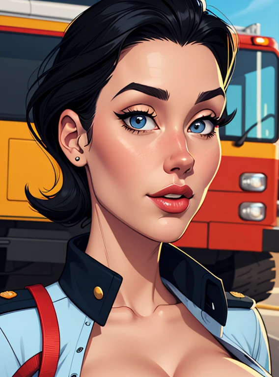 Cartoon style digital illustration Jennifer Connely in sesy firefighter uniform with beautiful medium sized breasts black hair Cartoon style digital illustration cleavage and sesy pose portrait mode