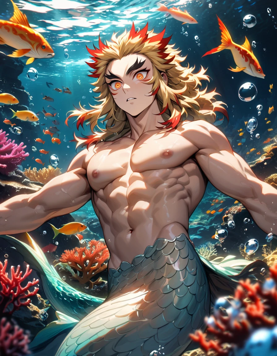 absurdres, highres, ultra detailed, HDR, masterpiece, extremely detailed face and eyes, Rengoku Kyojuro, blond hair, expressive orange eyes, Kimetsu No Yaiba, solo, merman, handsome, toned chest, bare chest, underwater, coral, fish, bubbles