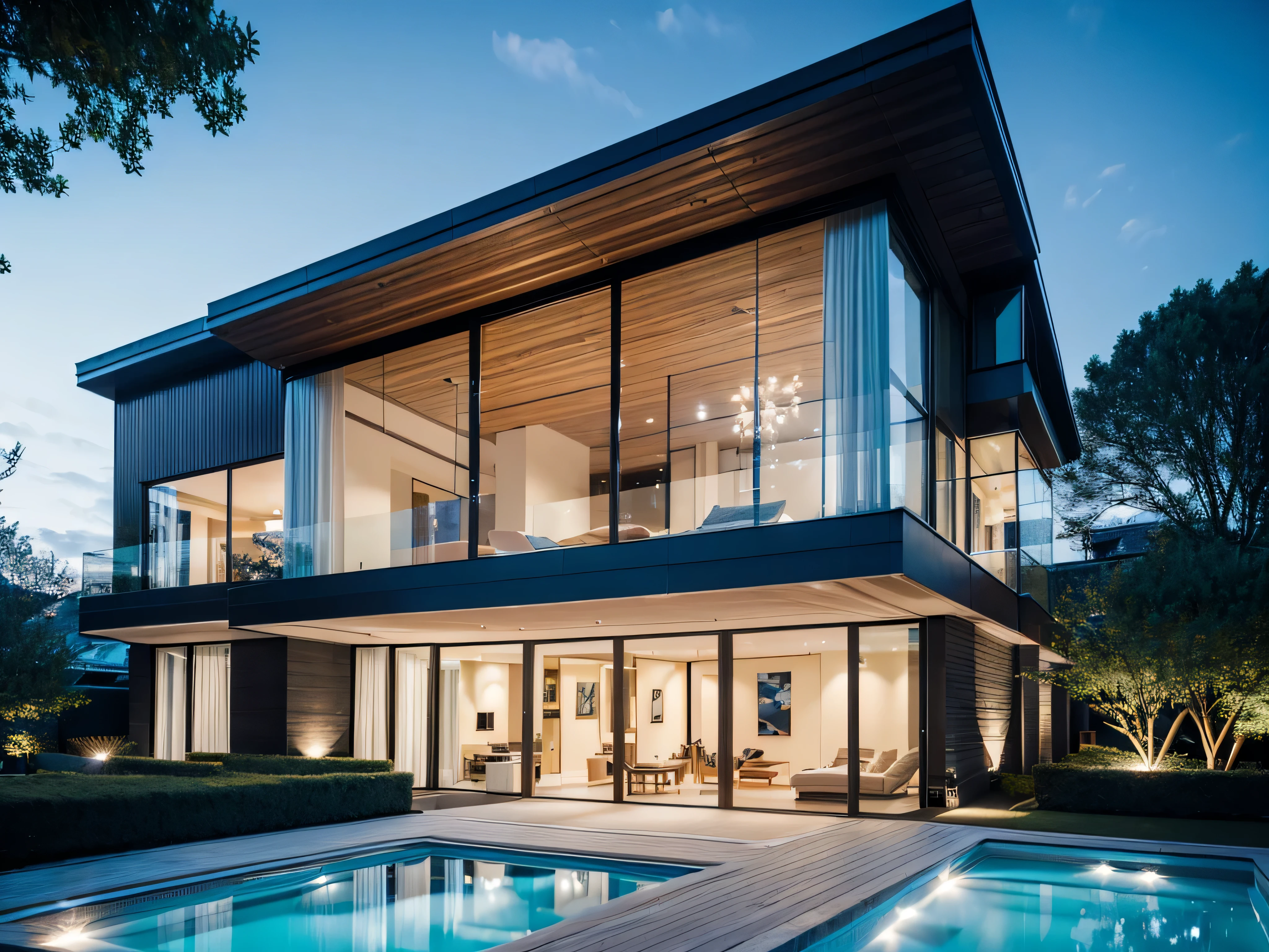 A beautifully designed (((modern house))), with a luxurious (((balcony))) overlooking a sparkling (swimming pool) with clear water and sleek, blue tiling, adorned by elegant lamps on the balcony, all framed by a backdrop of verdant trees, with a stylish (wooden front door) and a spacious two-story interior,HDR, ultra resolution, well defined, masterpiece, 8K HD.
