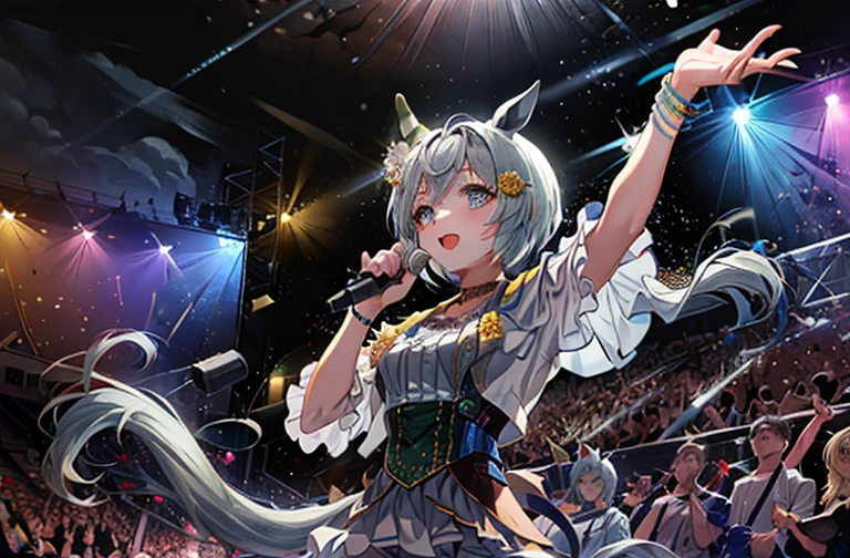 Seiun Sky (umamusume), 1girl, she is a popstar idol giving a concert on a big stadium full of spectators and fans, lights glimmer all over her, people hold light sticks and dance to the music of their favorite singer, there are laser lights strobbing, you can see glitter and confetti flying on-stage, the ambient is vivid and full of colorful life, she holds a microphone while giving her best efforts to please everyone, she is dressed in a beautiful fashion stage outfit with a lot of details and beads, she shines through, livestage ligthing, dramatic, cinematic, beautiful, breath-taking, trending, professional art, ultra detailed masterpiece, 8k