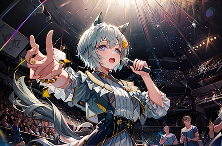 Seiun Sky (umamusume), 1girl, she is a popstar idol giving a concert on a big stadium full of spectators and fans, lights glimmer all over her, people hold light sticks and dance to the music of their favorite singer, there are laser lights strobbing, you can see glitter and confetti flying on-stage, the ambient is vivid and full of colorful life, she holds a microphone while giving her best efforts to please everyone, she is dressed in a beautiful fashion stage outfit with a lot of details and beads, she shines through, livestage ligthing, dramatic, cinematic, beautiful, breath-taking, trending, professional art, ultra detailed masterpiece, 8k