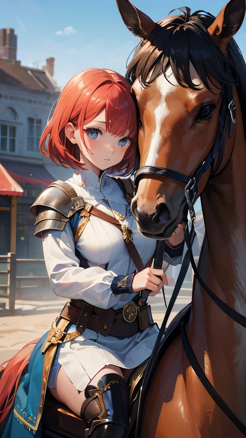 ((Best quality, 8k, Masterpiece: 1.3)), Sharp focus A beautiful woman with perfect body, Highly detailed face and skin texture, (Detailed eyes), red hair, medium hair, raccoon ears, Jousting, (holding a lance on horseback,) cavalry, warhorse, long lance, wearing steel armor, riding a horse