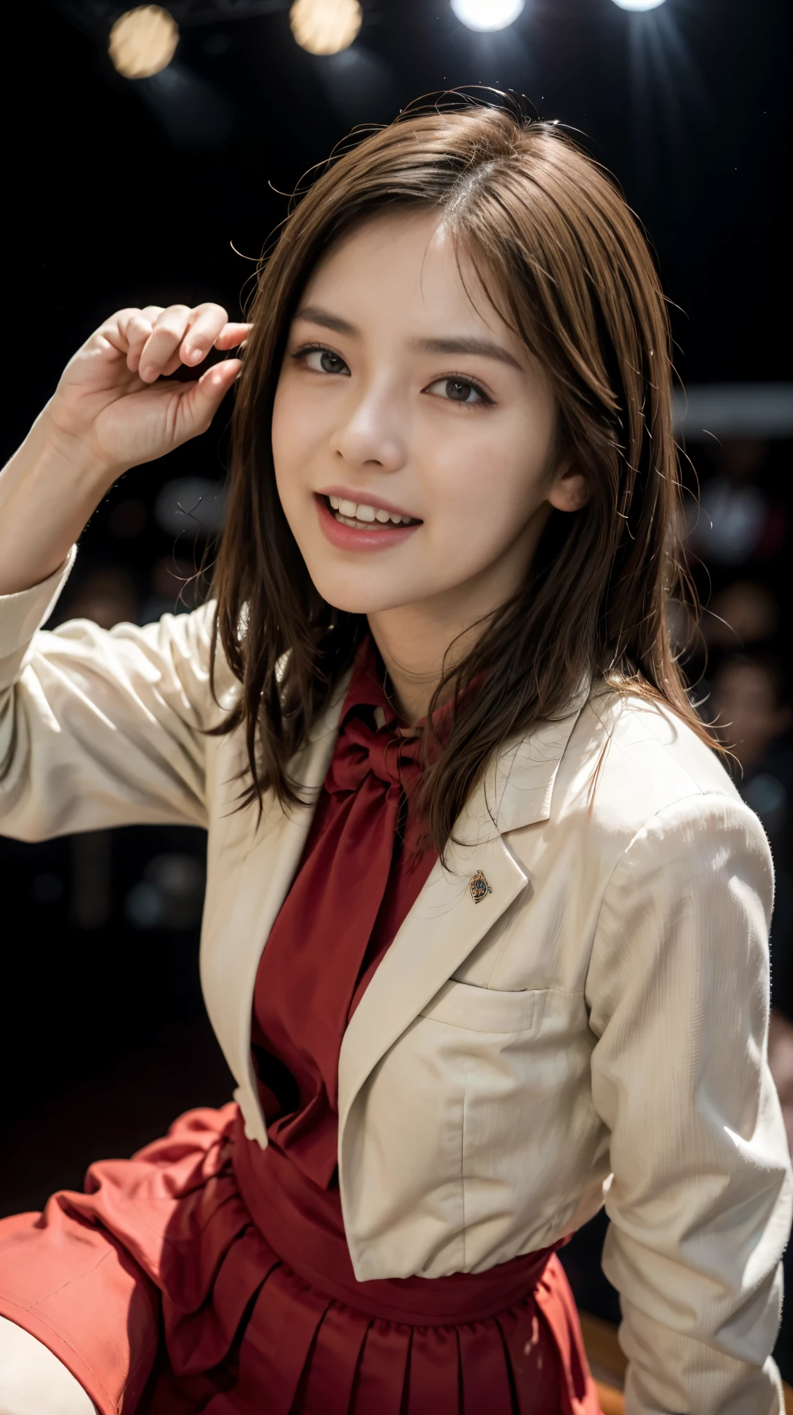 highest quality,masterpiece,Ultra-high resolution,(Actual:1.4),Original photo,Ultra-high resolution,8K,Idols wearing Nogizaka46 live costumes,Flashy makeup with red eyeshadow,Big laughing smile,Short, side-wave style for delicate hair,A live costume of a high school girl's uniform mini skirt,Live costume: high school girl uniform jacket,Girl Idol,Concert Venues,Hold the wireless microphone in your hand,Low angle shot,