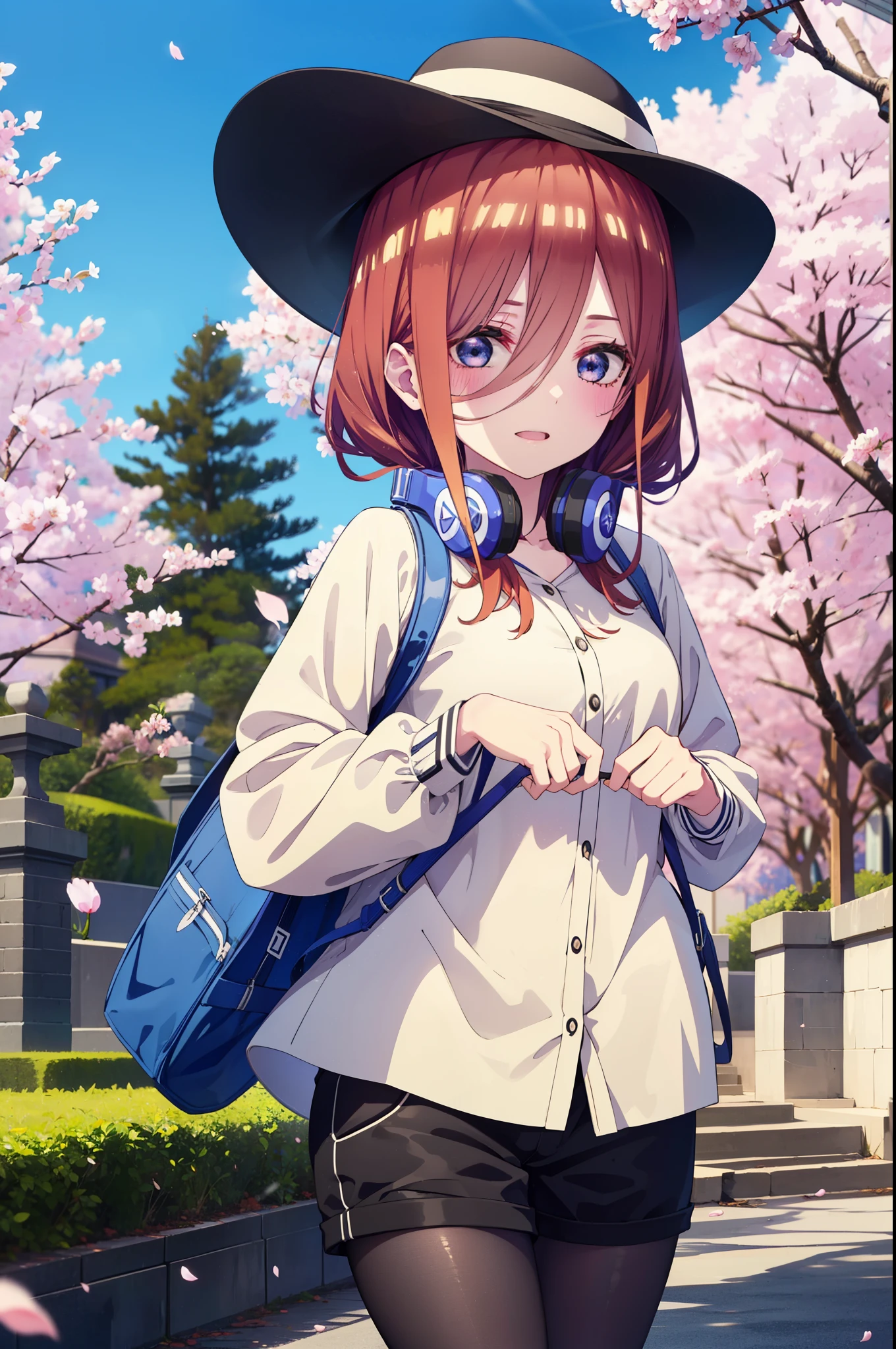 Miku Nakano, Miku Nakano, Long Hair, bangs, blue eyes, brown hair, shirt, Hair between the eyes, smile,blush,Open your mouth,Headphones around neck,オーバサイズチェック柄shirt,Shorts,Black pantyhose,Hunting Hat,short boots,Cherry blossoms are blooming,Cherry blossoms are scattered,Cherry blossom tree-lined path,whole bodyがイラストに入るように,
break outdoors, garden,
break looking at viewer,whole body, (Cowboy Shot:1. 5)
break (masterpiece:1.2), highest quality, High resolution, unity 8k wallpaper, (figure:0.8), (Beautiful fine details:1.6), Highly detailed face, Perfect lighting, Highly detailed CG, (Perfect hands, Perfect Anatomy),
