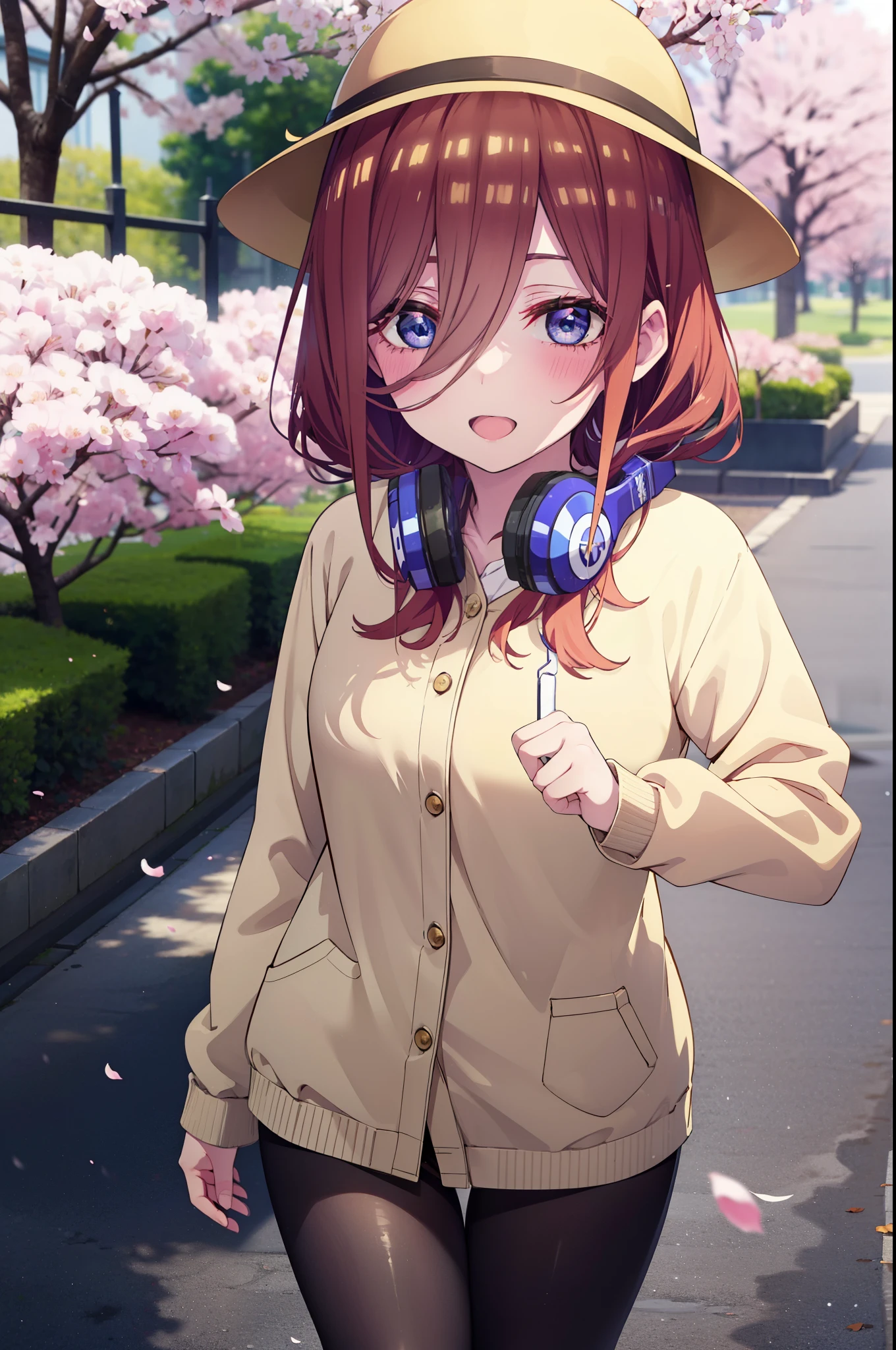 Miku Nakano, Miku Nakano, Long Hair, bangs, blue eyes, brown hair, shirt, Hair between the eyes, smile,blush,Open your mouth,Headphones around neck,オーバサイズチェック柄shirt,Shorts,Black pantyhose,Hunting Hat,short boots,Cherry blossoms are blooming,Cherry blossoms are scattered,Cherry blossom tree-lined path,whole bodyがイラストに入るように,
break outdoors, garden,
break looking at viewer,whole body, (Cowboy Shot:1. 5)
break (masterpiece:1.2), highest quality, High resolution, unity 8k wallpaper, (figure:0.8), (Beautiful fine details:1.6), Highly detailed face, Perfect lighting, Highly detailed CG, (Perfect hands, Perfect Anatomy),