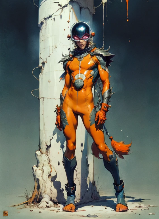 perfect proportions, anatomically correct, (head to toe: 2.0), (full body image: 2.0), solo, (Casshern: 1.6), extremely stylized, deviant art, masterpiece, highly detailed, detailed eyes, expressive detailed eyes, detailed pupils, futuristic, ((1950s scifi helmet)), ((pointy helmet)), Rubber Gloss, (orange skinsuit:1.4), white boots, entire body image, full body shot, nvinkpunk, professional photograph of alexander_skarsgard, tassles, large beads, large tassels, navy blue and white, cyberpunk, inkpunk, paint platter, ink splatter, (action pose:1.0)