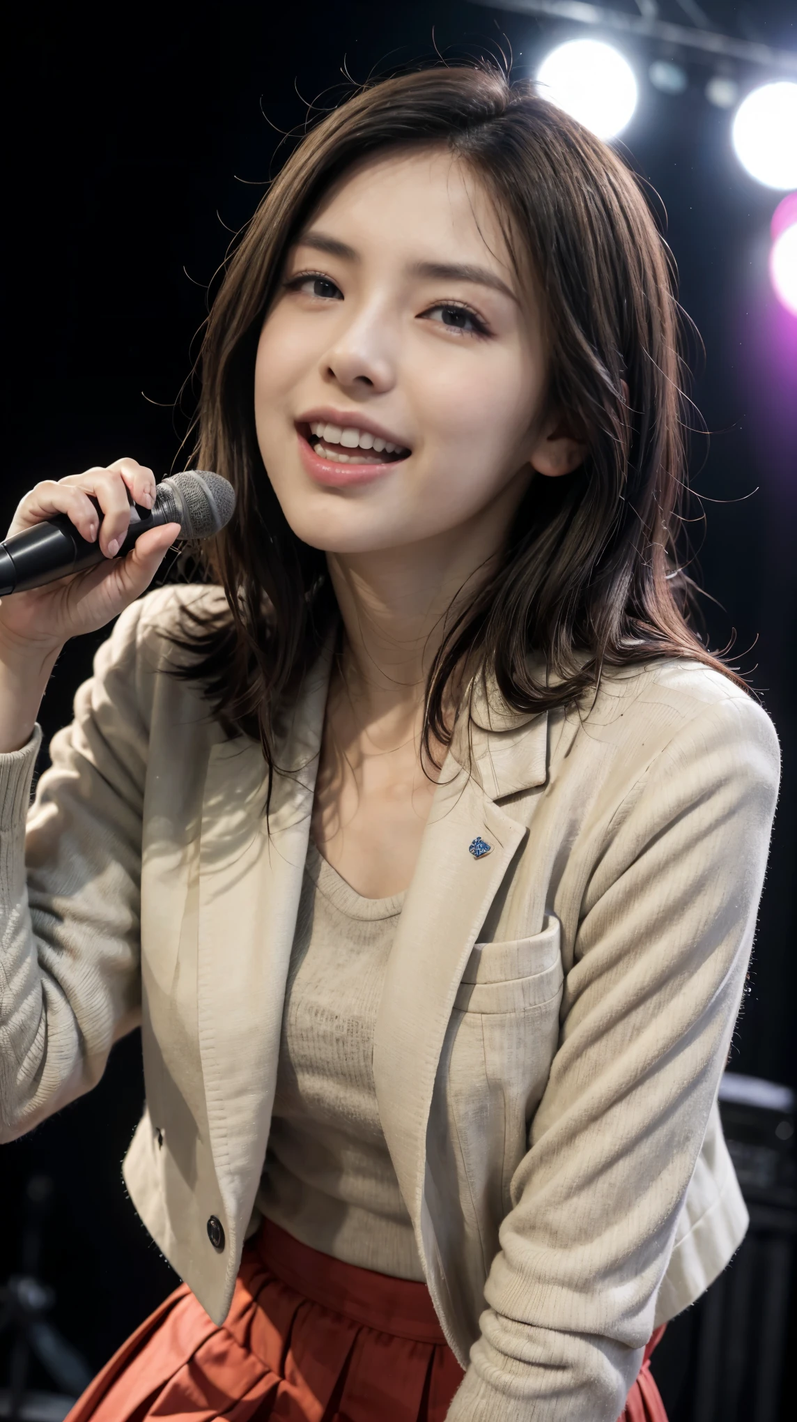 highest quality,masterpiece,Ultra-high resolution,(Actual:1.4),Original photo,Ultra-high resolution,8K,Idols wearing Nogizaka46 live costumes,Flashy makeup with red eyeshadow,Big laughing smile,Short, side-wave style for delicate hair,A live costume of a high school girl's uniform mini skirt,Live costume: high school girl uniform jacket,Girl Idol,Concert Venues,Hold the wireless microphone in your hand,Low angle shot,