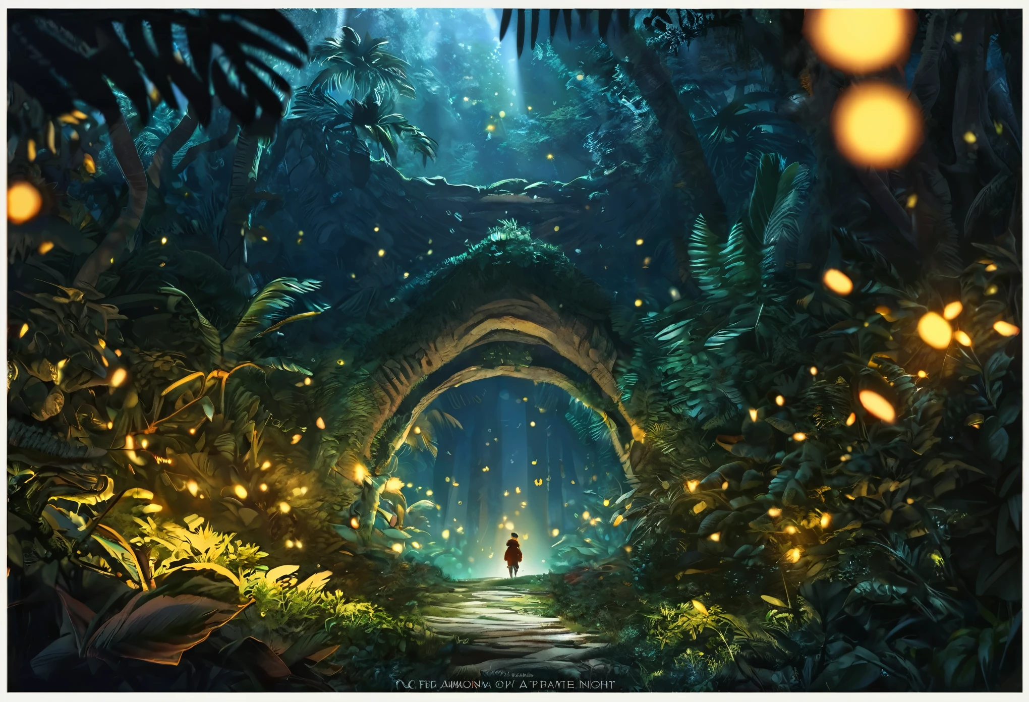 cover page, highres, top quality, best quality, paid reward available, unparalleled masterpiece, perfect artwork, absurdres, High-quality illustrations, super high resolution, detailed background, perfect anatomy (Walking through the firefly-filled jungle at night)(1boy, kemono, furry)(Attention to detail:1 1)high quality, Browsing Caution, Beautiful Eyes(detailed face and eyes)Sharp focus, Contrast lighting, Crazy Details, Soft lighting, high quality, Film Grain((dramatic))epic, One scene of movie,