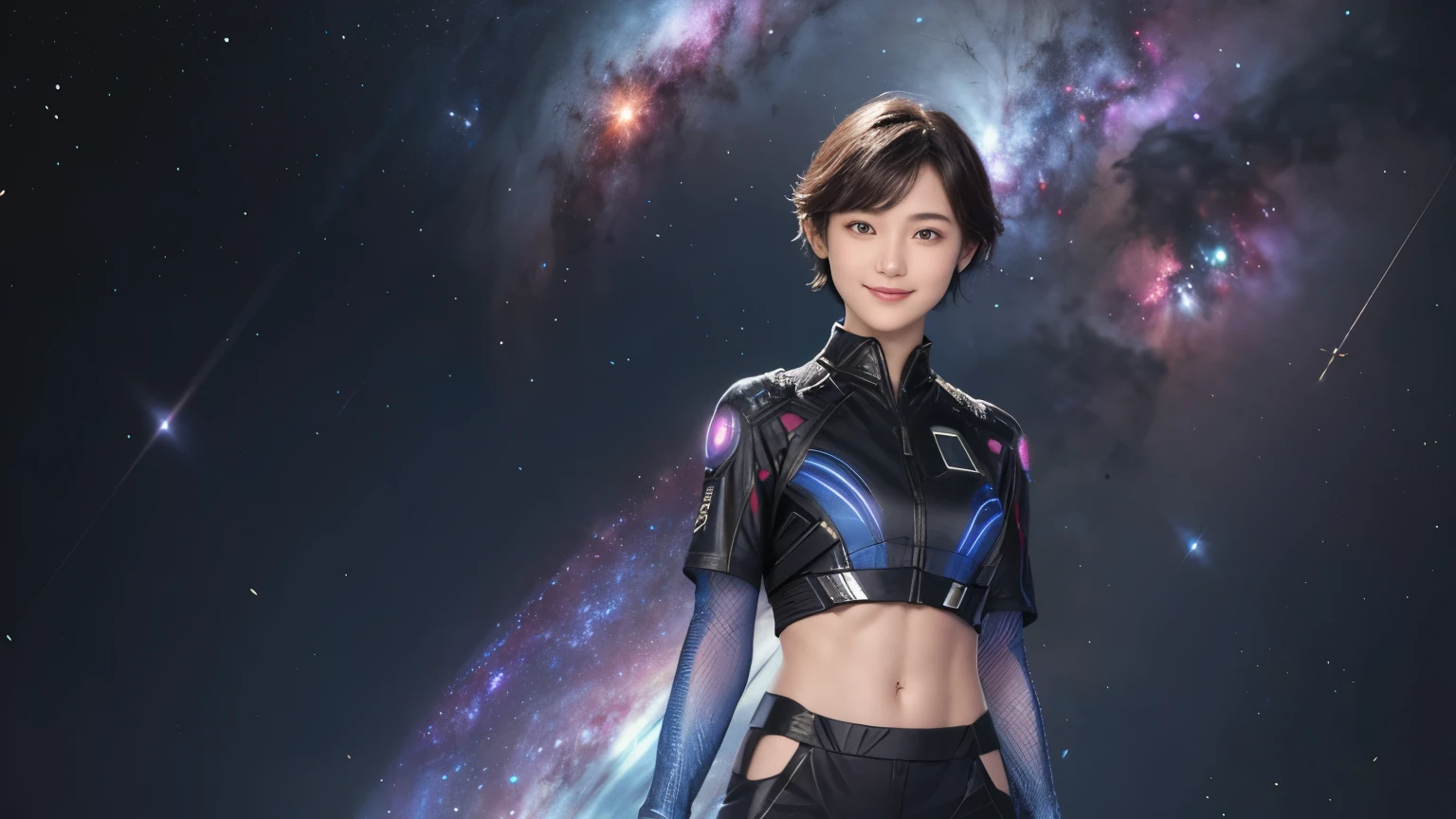 214 Short Hair, 20-year-old woman, A kind smile, Floral, Futuristic clothing, machinery suit, ((Clothes that show abs、Clothes with short sleeves)), (The background is a galaxy and nebula)