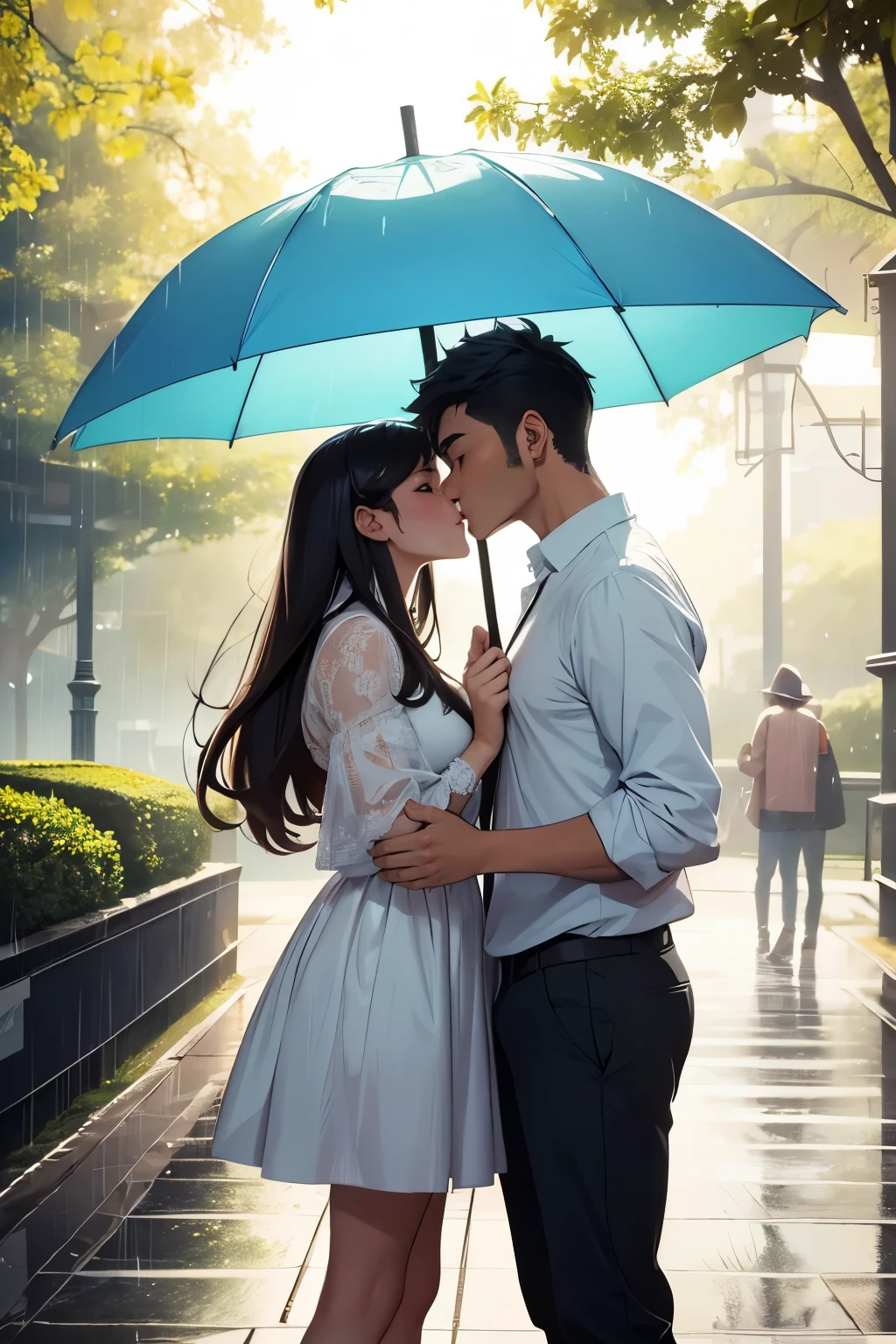 A guy and a girl are standing under the same umbrella, they are kissing, they are in a beautiful park, it is raining, cute, beautiful, close-up