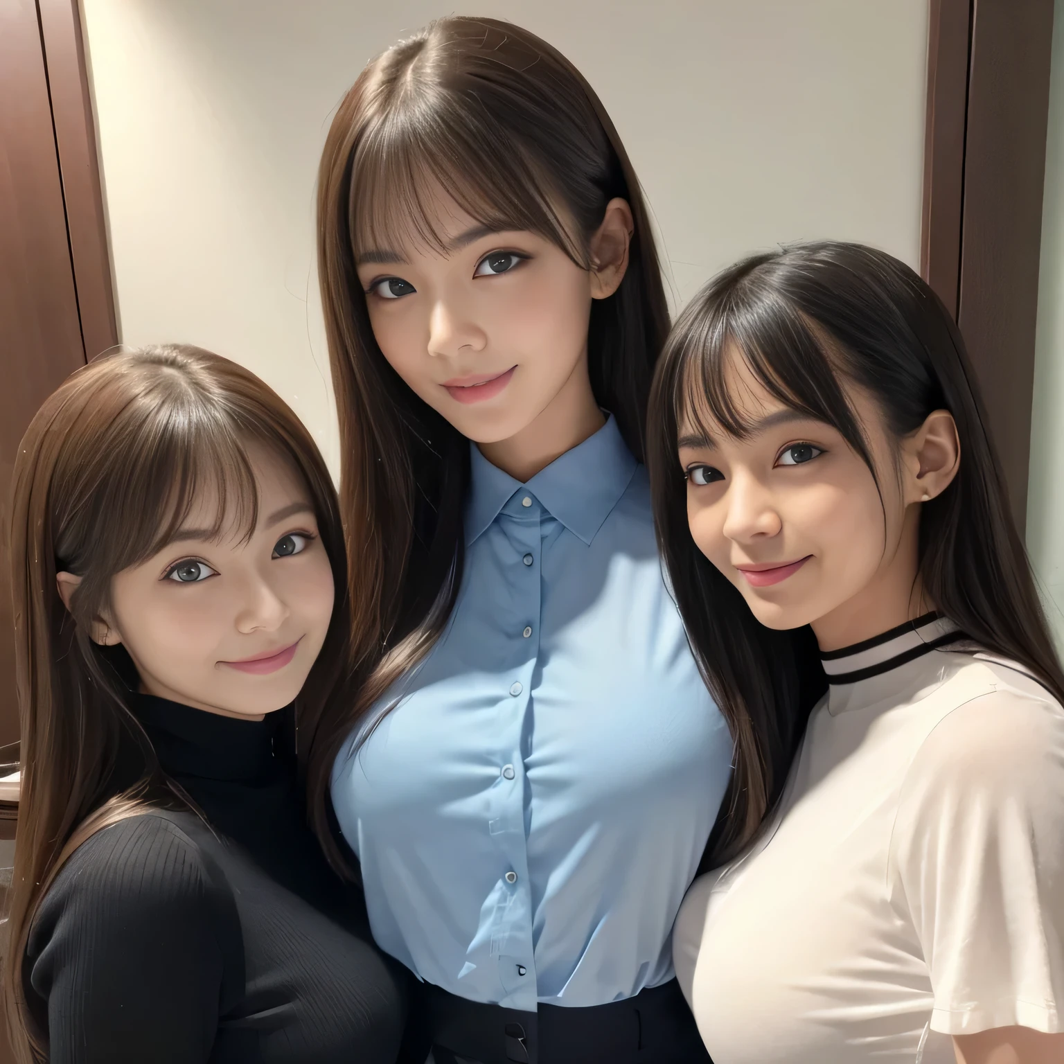 Group photo, Group photo, Very beautiful women, Highly detailed eyes, Highly detailed face,  Sexy and highly detailed lips, Super detailed everything, Attractive woman, Black Choker, blue eyes, Very long eyelashes, bangs, Big Breasts, ((smile)), highest quality, masterpiece, ((Slim face)), Japanese actress, servant, ((High nose)), ((Tight shirt、See-through shirt)), Happy atmosphere, Fun smile, conference room、Sit down and discuss