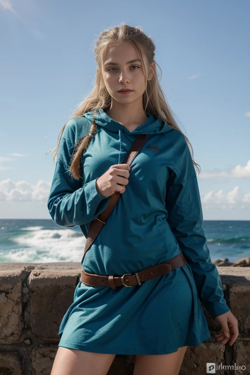 chica vikinga, Vista feroz ,Hacha de batalla en mano derecha, 17 year old Russian girl, cabello rubio arrugado y despeinado, en la orilla del agua ,Against the backdrop of the cold sea and the longship., Vestido con armadura vikinga,Apariencia de combate,pintura de guerra,