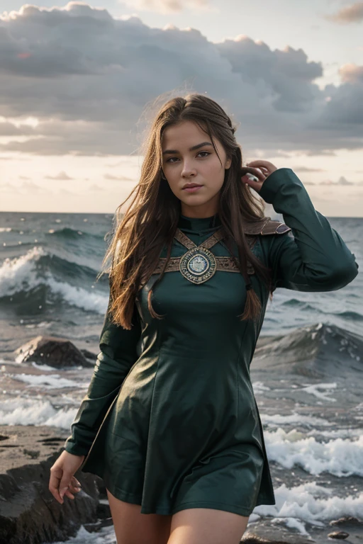 chica vikinga, Vista feroz ,Hacha de batalla en mano derecha, 17 year old Russian girl, cabello rubio arrugado y despeinado, en la orilla del agua ,Against the backdrop of the cold sea and the longship., Vestido con armadura vikinga,Apariencia de combate,pintura de guerra,