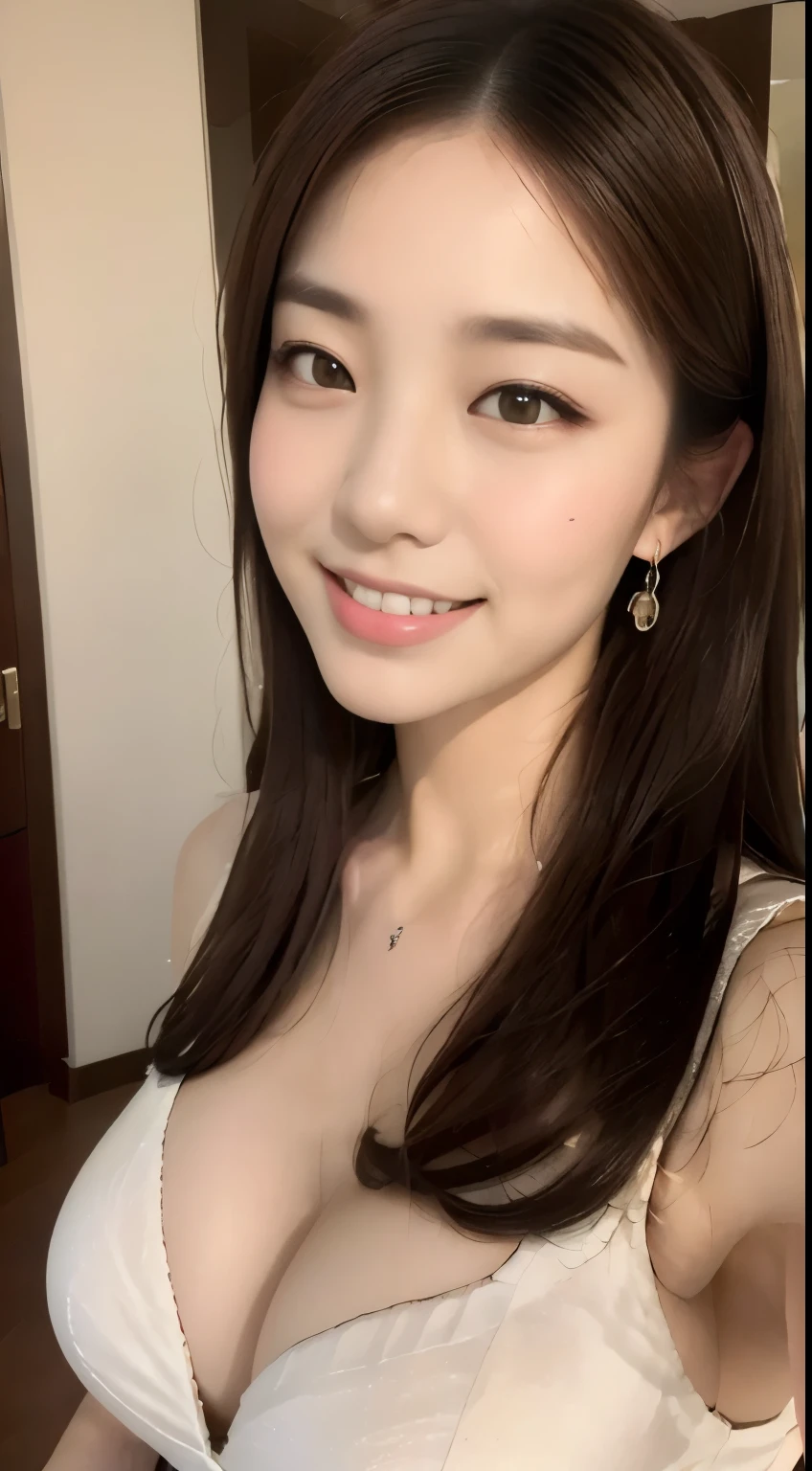 ((highest quality, 8k, masterpiece :1.3)), One Girl, Selfie, close, A very loving smile:1.2, Slim face, Beautiful woman, (Dark brown hair), Big Breasts:1.4,White bra, Highly detailed face, fine grain, double eyelid, Blur the background, Slim face,On the hotel bed, Sleeping on your back
