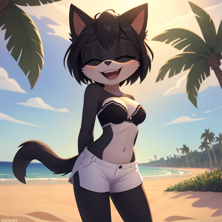 mobian cat, black fur, short hair, black hair, beach, female, 1girl, portrait, laughing, closed eyes, palm tree, grass, sand, standing, small breasts, strapless bra, cleavage, white shorts, arm behind back, Masterpiece, high quality, studio quality, intricate details, 4k, solo