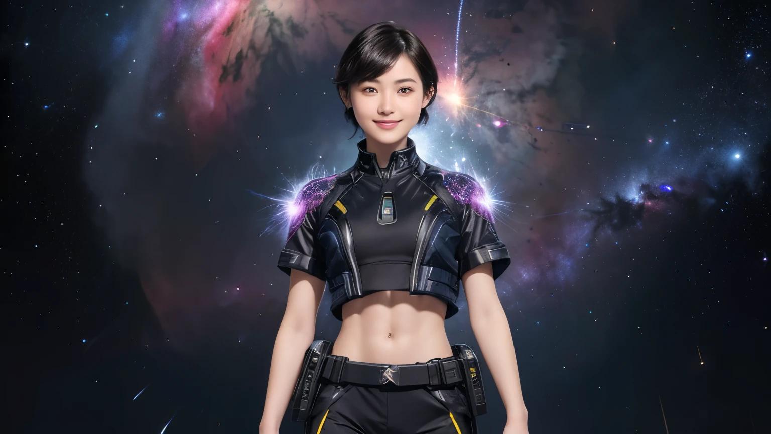 214 Short Hair, 20-year-old woman, A kind smile, Floral, Futuristic clothing, machinery suit, ((Clothes that show abs、Clothes with short sleeves)), (The background is a galaxy and nebula)