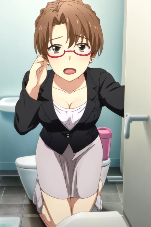 ((highest quality)), ((masterpiece)), (detailed), Perfect Face, Wearing a pink skirt all over、A man wearing pink and black striped thigh-high socks kneels on the ground.、Roll your eyes back、Keep your hands away from your mouth、Mouth open and face covered in cum、Sucking dick through a gloryhole in a toilet stall。