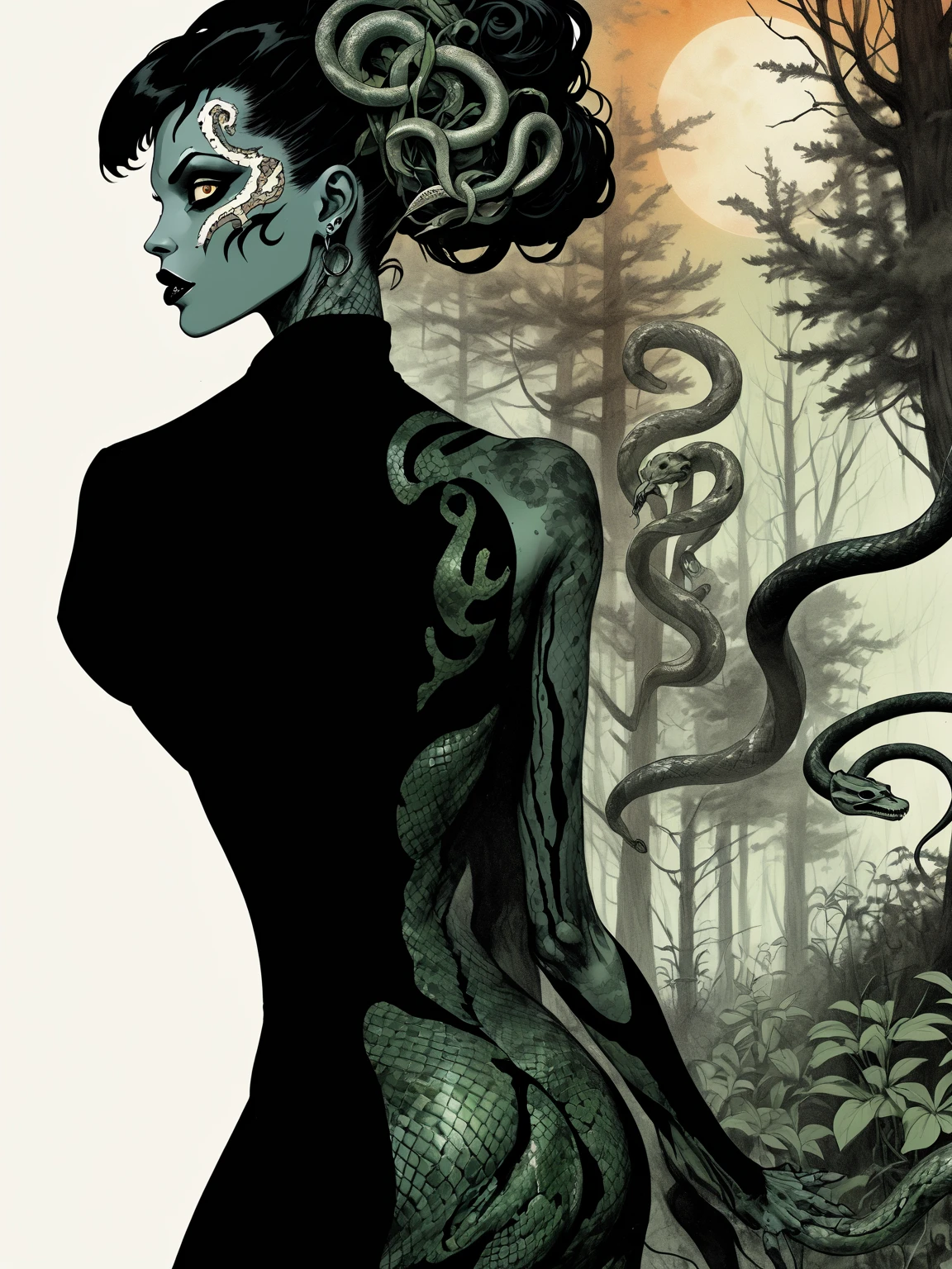 Medusa, splash page decompressed comic cover art, ink style figure,((expressive Joelle Jones and "Sean Gordon Murphy" comic drawing)), wordless, cinematic poster, double exposure, optical illusion, image within image, abyss void black no visibility darkness, full length portrait, (background, pine barrens, entropy, rewilding, magic hour sunset, galaxy stars, cosmos), (horror, abstract, surreal, body, cosmic), candid, snake skin dress, body anatomy drawn Frederic Delavier musculature anatomical illustration, (face, ornate black metal corpse paint, resembles Grace Jones), (body, Naga, snakefolk, lower body snake tail, snake woman hybrid, bald, hairless, skeleton, snake skin tattoos, piercing eyes, snake pupils, over the shoulder), (colors, bleak muted deep fiery radiant glowing ROYGBIV, forest green, earth brown), craftsmanship nuance, (Gerardo Zaffino charcoal), subliminal orchids, nyctophobia, silhouette