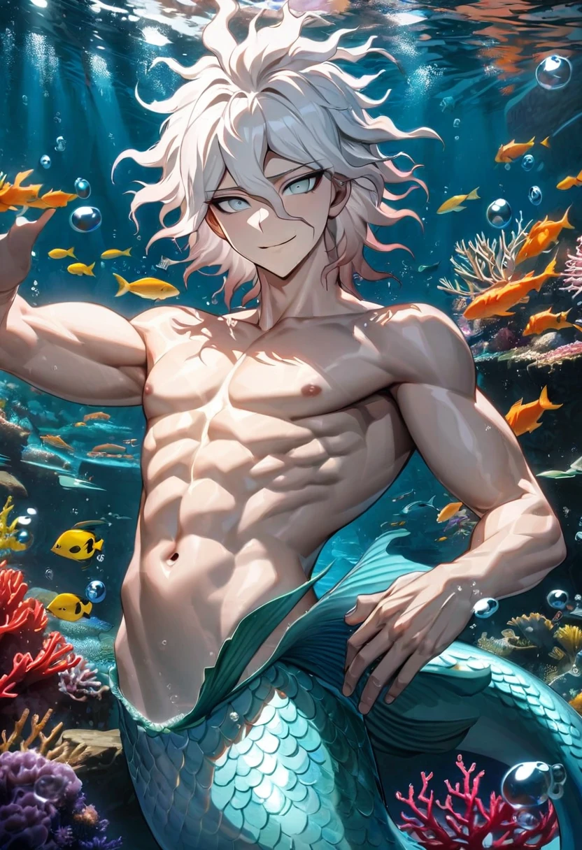 Ultra detailed, highres, absurdres, HDR, Komaeda Nagito, white hair, silver eyes, without shirt, bare chest, Danganronpa, underwater, bubbles, merman, sexy man, solo, extremely handsome, very detailed face and eyes, triton, toned chest, smirking, fish, coral,