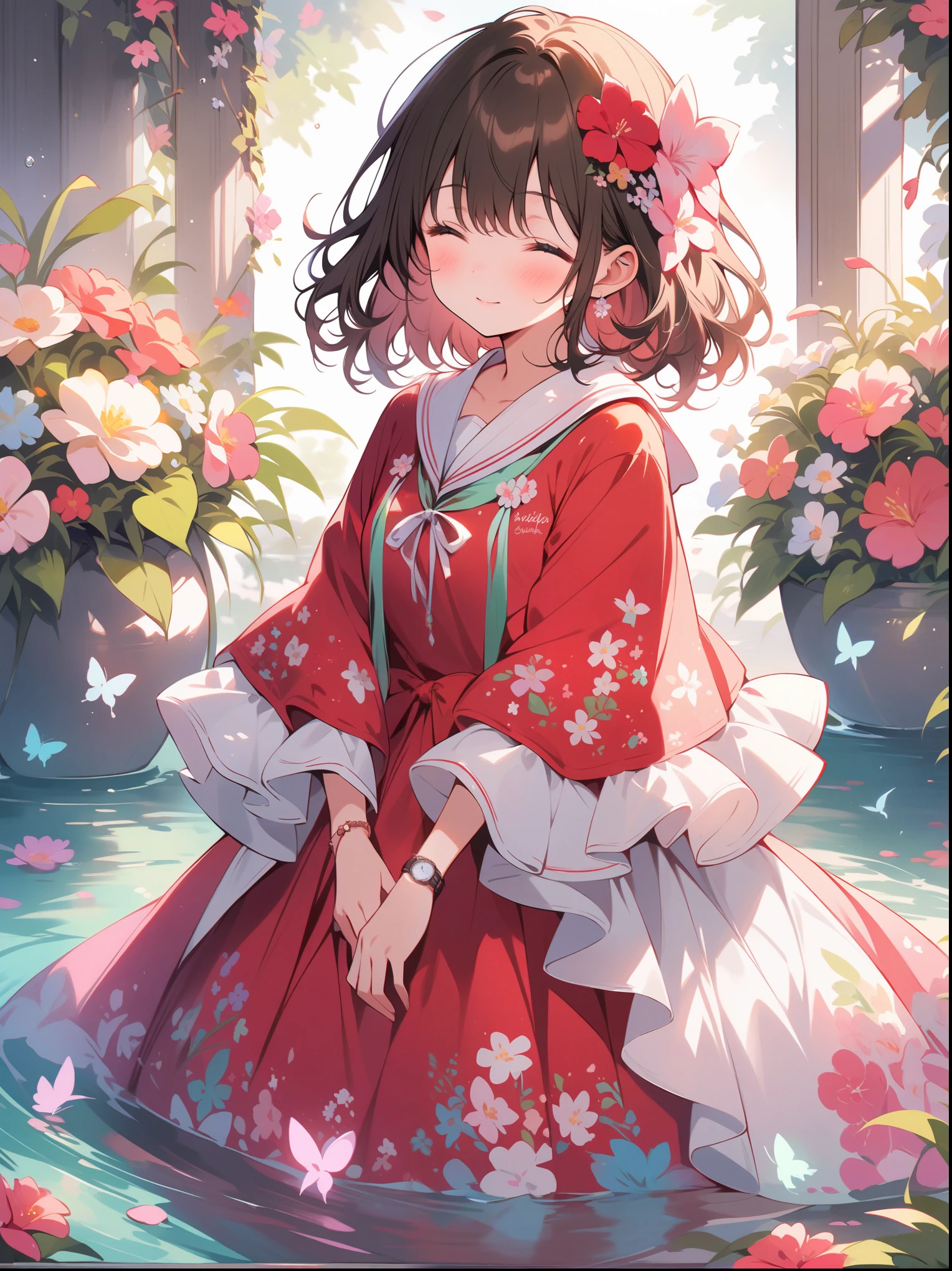 Detailed description of the visual element，The color palette is a mix of soft pastels and vibrant spring colors like green.，pink color，This combination evokes blooming flowers and fresh foliage.，Perfect for spring theme，High-quality images integrated into salon interiors，Peaceful environment，Girl standing on the water，Water splashes on the floor of the girl，Some stones have flowers on them，exudes fragrance，Includes before and after photos of customers who received spring makeovers，To highlight the salon&#39;s services，Use elegant script fonts for titles to convey elegance，And use a modern sans serif font for body text，To ensure readability and modernity， Dark Brown Curly Hair，Wearing a bright red salwar suit，focus，Close Range，Watch，Close your eyes，Surround her with spring graphics，For example, flowers and butterflies，Symbolizes the changing seasons and the essence