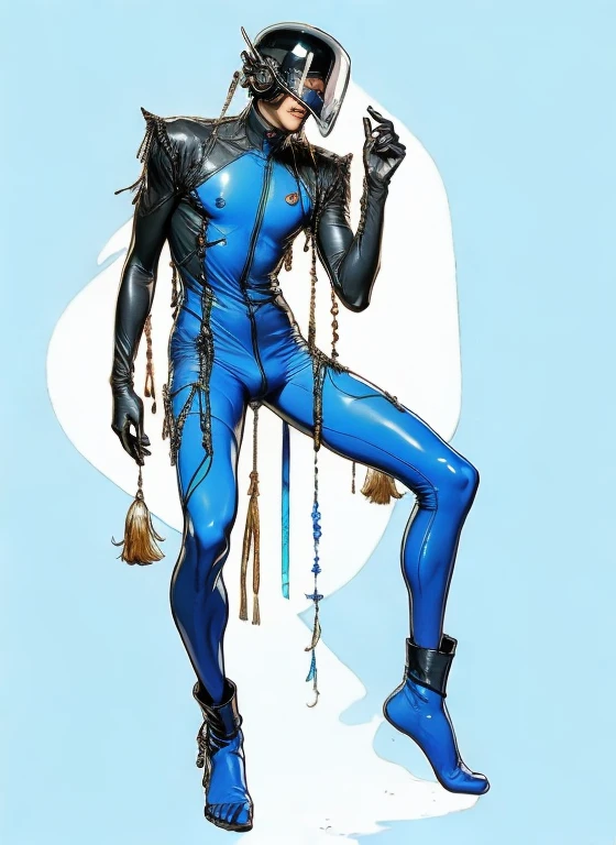 perfect proportions, anatomically correct, (head to toe: 2.0), (full body image: 2.0), solo, (Casshern: 1.6), extremely stylized, deviant art, masterpiece, highly detailed, detailed eyes, expressive detailed eyes, detailed pupils, futuristic, ((1950s scifi helmet)), ((pointy helmet)), Rubber Gloss, (blue skinsuit:1.4), white boots, entire body image, full body shot, nvinkpunk, professional photograph of alexander_skarsgard, tassles, large beads, large tassels, navy blue and white, cyberpunk, inkpunk, paint platter, ink splatter, (action pose:1.0)