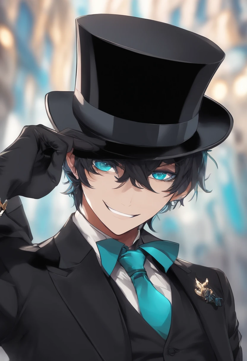 1boy, solo, kurofuku, necktie, male focus, black suit, upper body, black pants,inky body,cyan eye,grin, wearing a top hat, mystery being, sunglasses