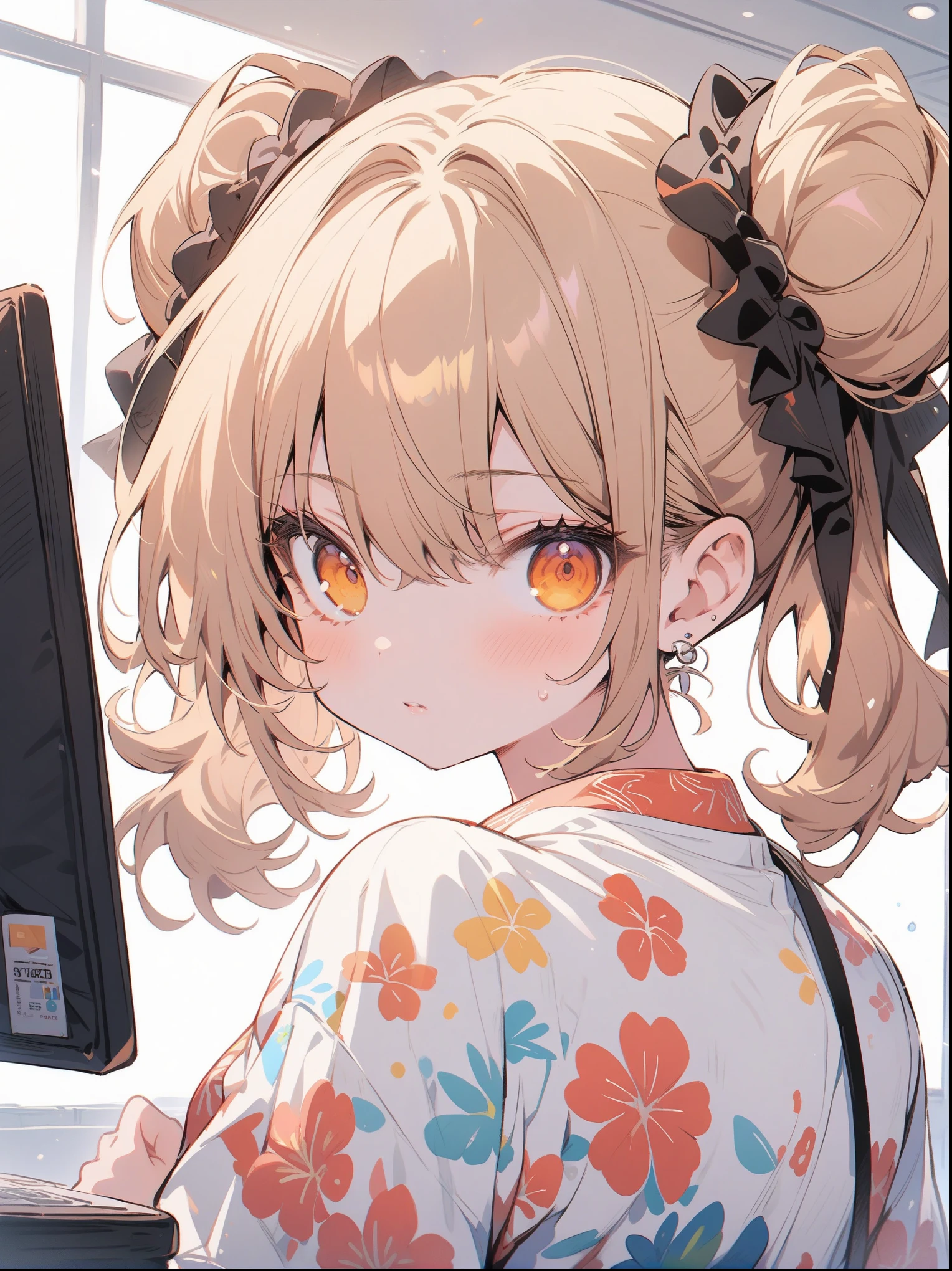 (masterpiece, best quality:1.2), cartoonish character design，1 girl, (solo:1.5)，big eyes，Cute expressions，Two hair buns，Floral shirt，Work clothes，White sneakers，Standing，interesting，Clear lines，Busy office background