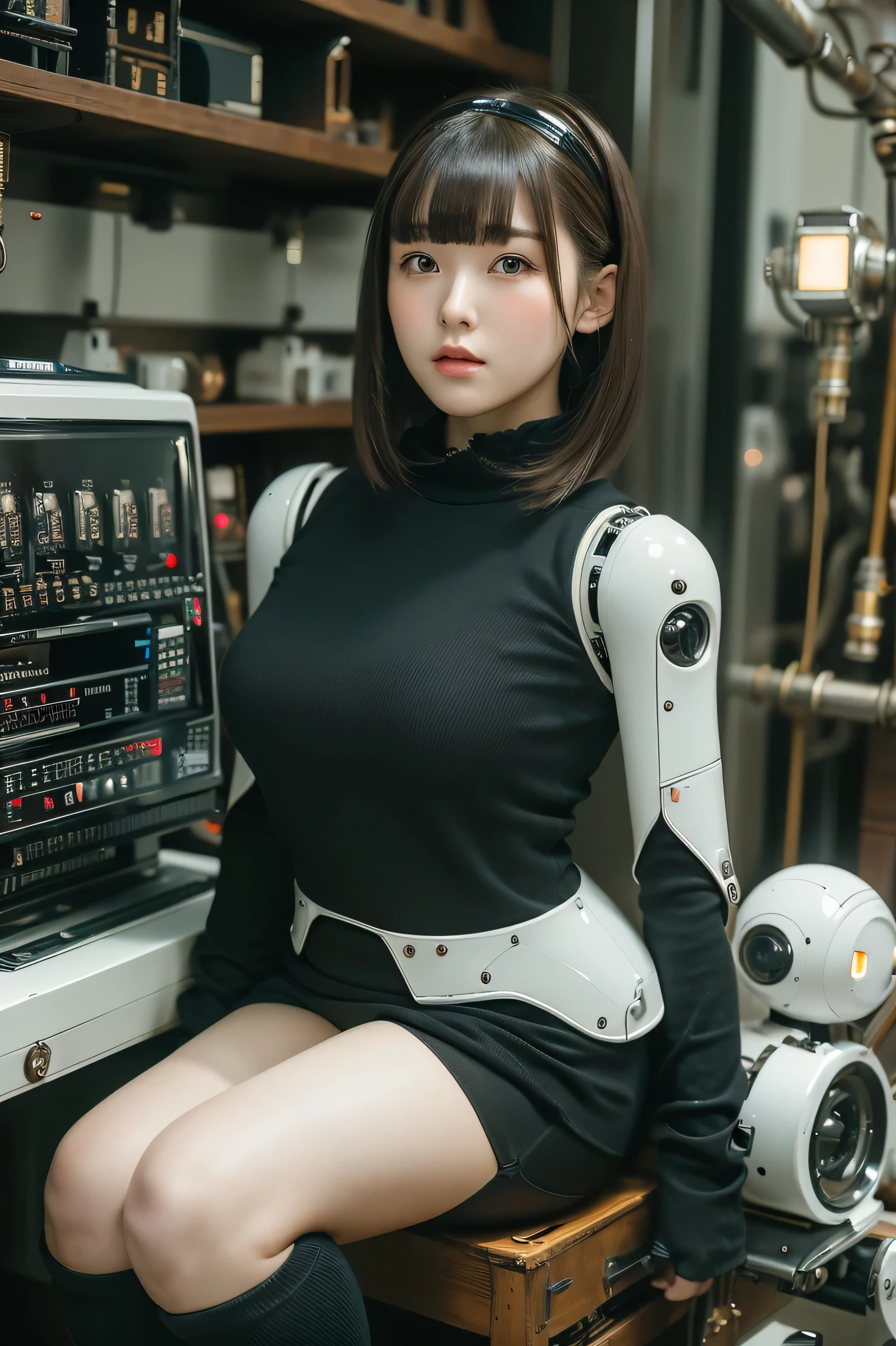 masterpiece, best quality, extremely detailed,portrait, Japanese android girl,Plump,a bit chubby,control panels,robot arms,robot,android,cyborg,white robot body,blunt bangs,robot repair plant,black knee high socks,