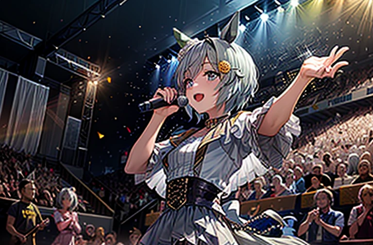 Seiun Sky (umamusume), 1girl, she is a popstar idol giving a concert on a big stadium full of spectators and fans, lights glimmer all over her, people hold light sticks and dance to the music of their favorite singer, there are laser lights strobbing, you can see glitter and confetti flying on-stage, the ambient is vivid and full of colorful life, she holds a microphone while giving her best efforts to please everyone, she is dressed in a beautiful fashion stage outfit with a lot of details and beads, she shines through, livestage ligthing, dramatic, cinematic, beautiful, breath-taking, trending, professional art, ultra detailed masterpiece, 8k