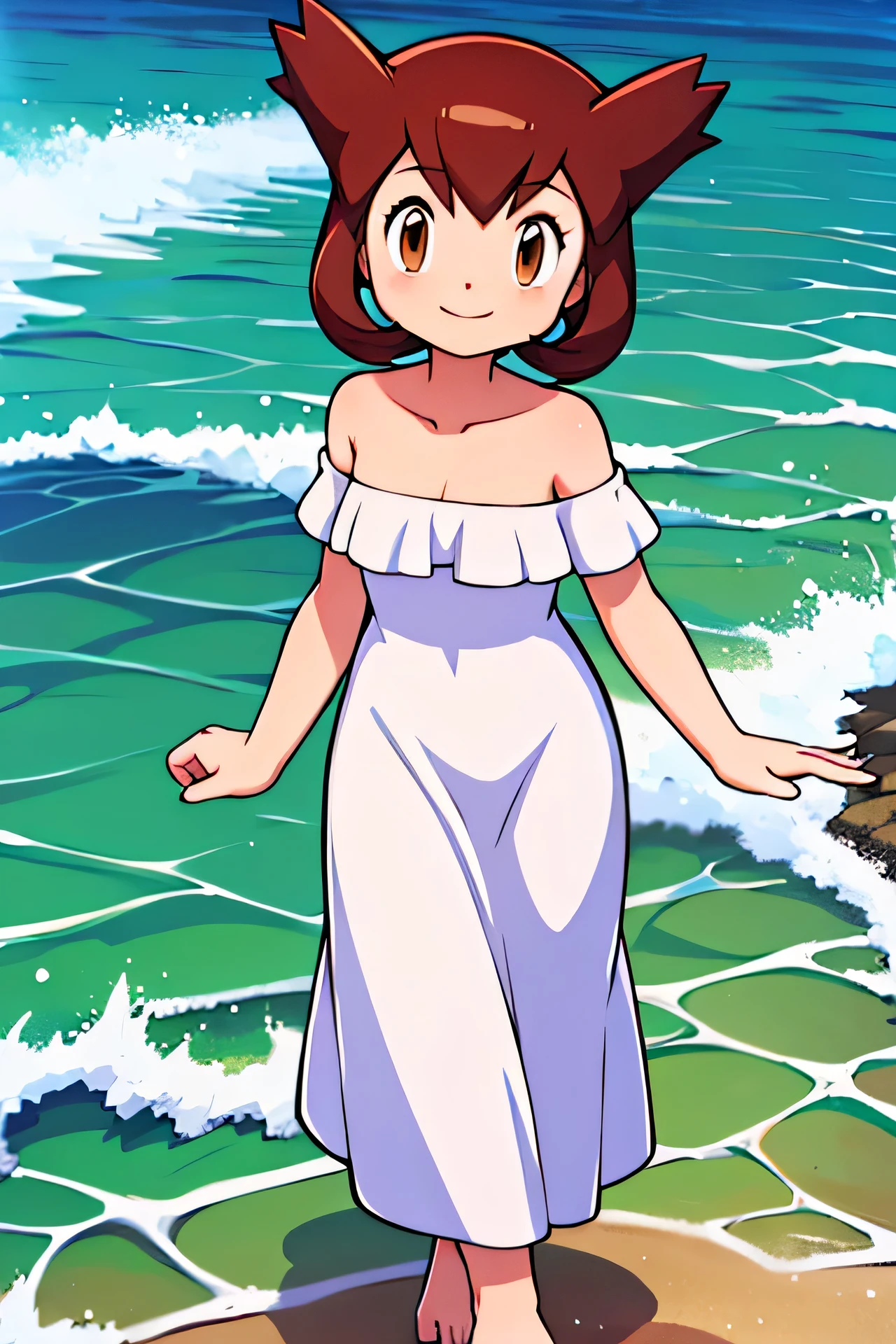 1 girl, solo, Pokemon Heroes (Bianca), Brown Hair, brown eyes, bare shoulders, strapless, off shoulders, white ruffle off the shoulder maxi dress, smile, walking in bare feet, ocean, cowboy shot, facing viewer,, absurdres, ultra detailed, masterpiece, best quality, Teenager