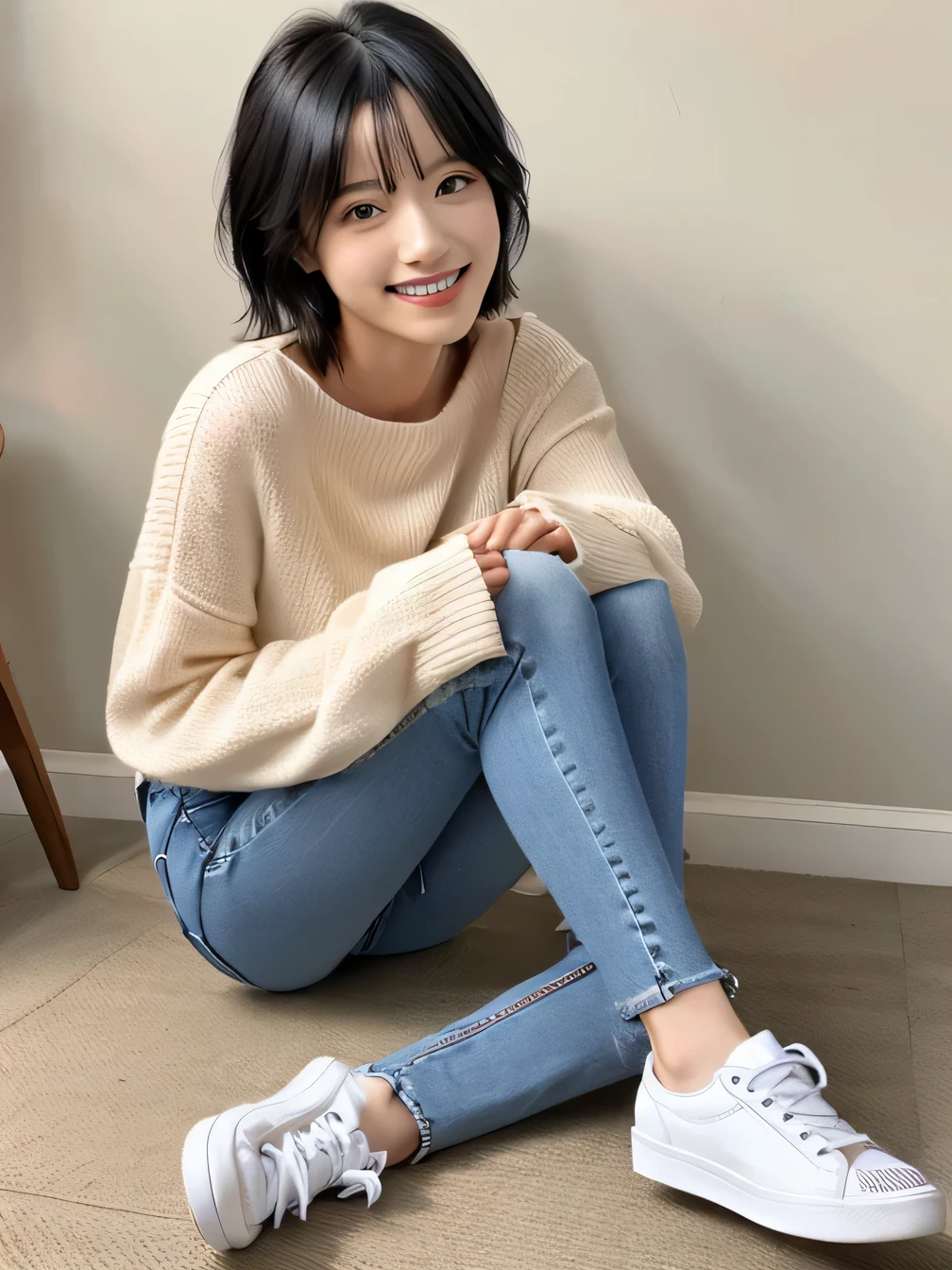 k, Realistic, RAW Photos, highest quality:1.4), (Realistic face), (Black Hair、short hair、Beautiful Hairstyles、ear piercing、, smile、Beautiful teeth alignment、Beautiful little blue eyes, (Realistic skin texture), (Beautiful Skin),charm, Ultra-high resolution, Ultra-Realistic Skin, (Natural light)、Golden Ratio, ((smile)), ((full body shot)), Long sleeve(blouse、((Skinny jeans、sneakers) 、Chair sitting information