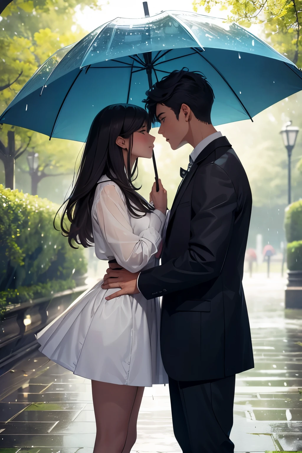 A guy and a girl are standing under the same umbrella, they are kissing, they are in a beautiful park, it is raining, cute, beautiful, close-up