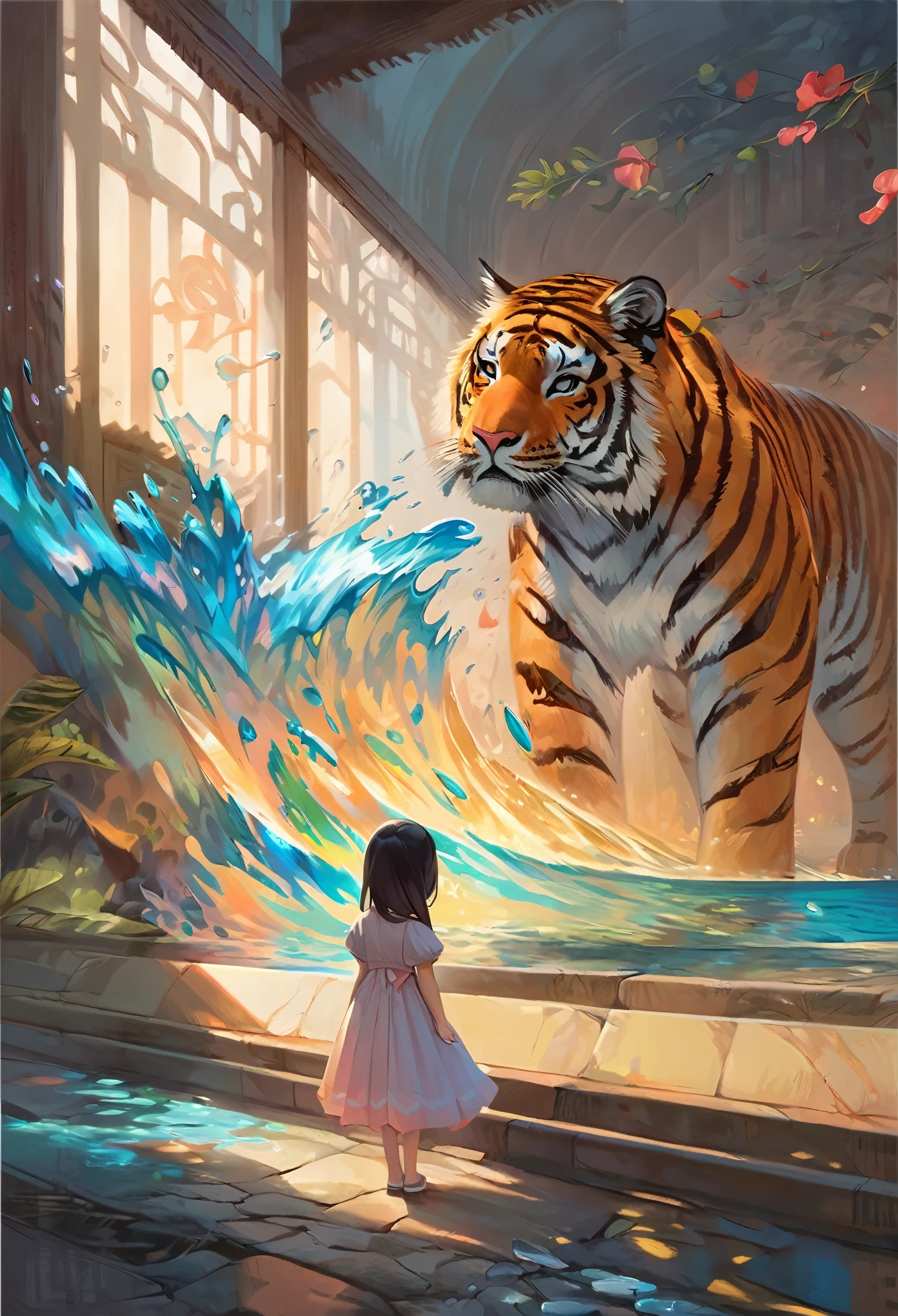 (​masterpiece, top-quality, Official art:1.2)Look at view, tiger and girl, Tiger painting, A flash of light runs, Colorful water levitation(2D:1.5),