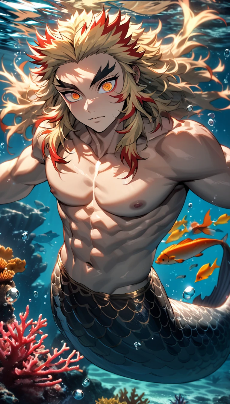 (8k, best qualityer, work of art:1.2),(best qualityer:1.0), (ultra high resolution:1.0), young boy, 精致的面容, long blonde hair with lilac highlights, your eyes are blue, lilac scales, lilac mermaid tail in an ocean, face and bust focus 