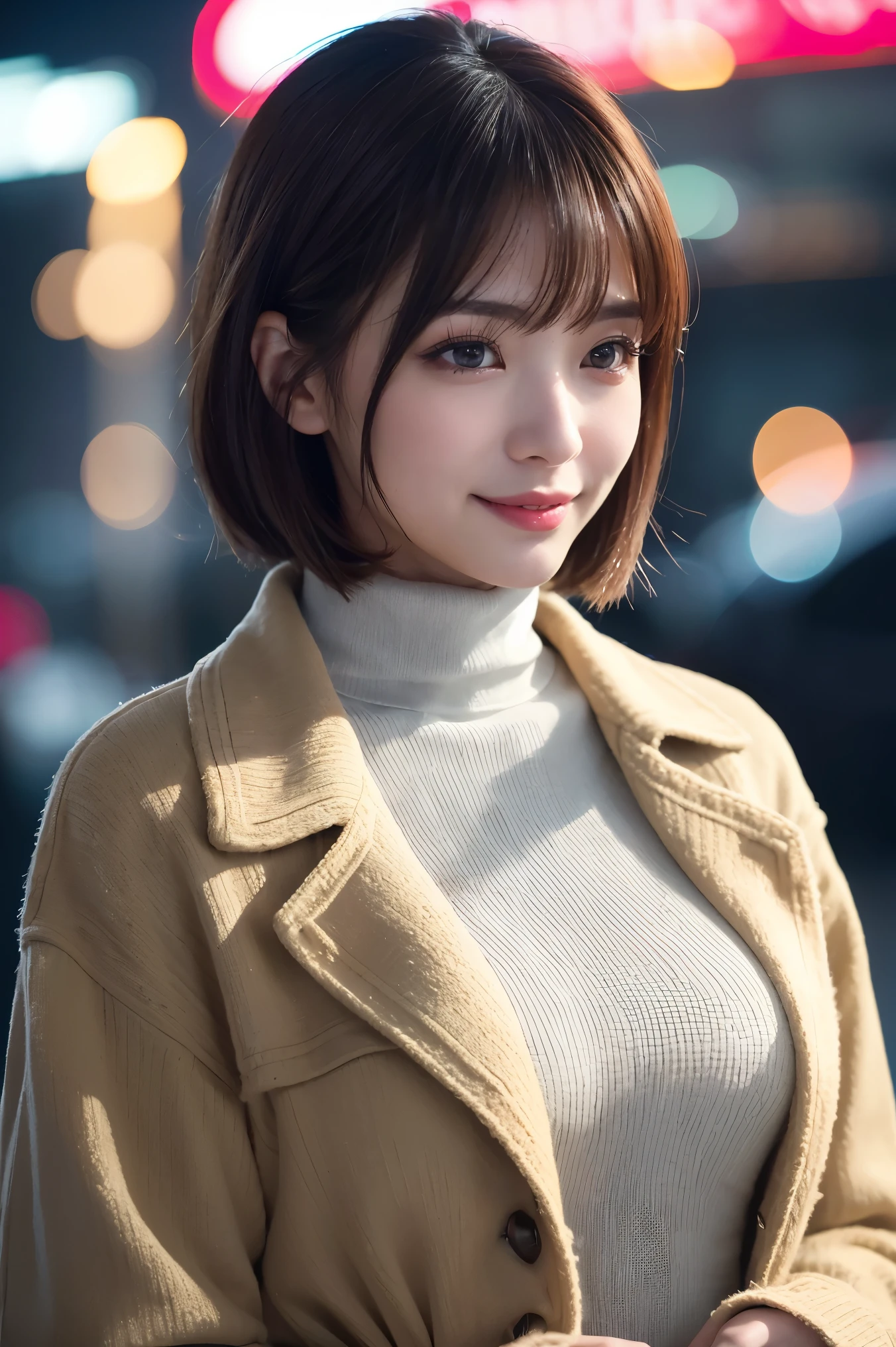 (highest quality、Tabletop、8k、Best image quality、Award-winning works、Ultra-high resolution)、1 girl、(Red turtleneck knit:1.3)、(Beige shearling trench coat:1.15)、(The perfect authentic trench coat:1.1)、(Shortest short bob:1.1)、Spectacular Cinema Lighting、Very atmospheric and romantic lighting、that'it's snowing、Shinjuku at night、Sparkling night view、blurry night view、Perfect Anatomy、(Very large breasts:1.1)、(Accentuate your large bust line:1.1)、(Very large breasts:1.1)、Slender body, Look at me and smile、Perfect Makeup、Long eyelashes、Ultra-high resolutionの煌めく瞳、Ultra-high resolutionの髪の毛、Ultra-high resolutionの艶のある唇、Ultra-high resolutionの美しい歯、Ultra-high resolutionの可愛い顔、blurred background、Romantic love sensation、(Face close-up:1.2)、(Look at me and smile:1.1)