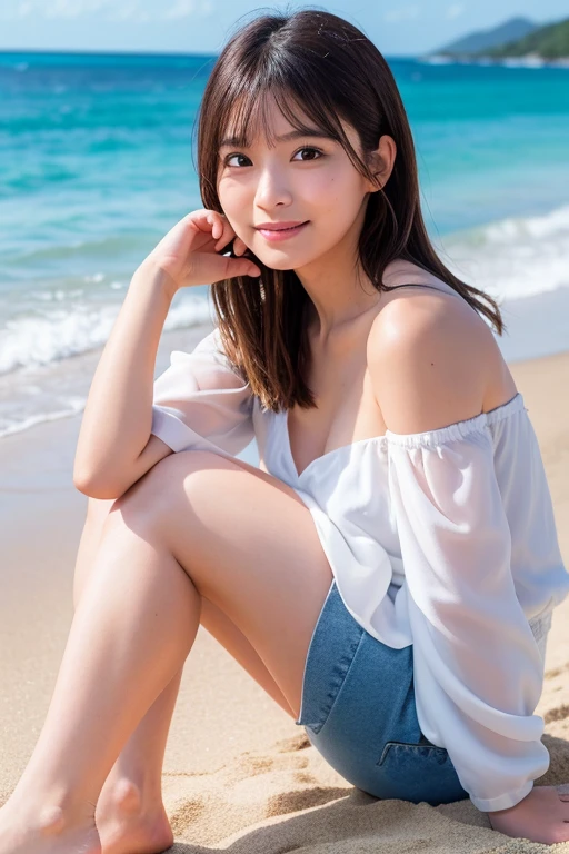 (Captured by a professional photographer:1.2), high quality, Realistic, Best image quality:1.3, (RAW Photos:1.1), Amateur models, (Accurate skeleton:1.2), (Attention to detail:1.1), 30 years old, Japanese women,(Okinawa beaches), (White blouse:1.2, hot pants:1.2),Off the shoulder, barefoot, Looking at the camera:1.1, look at the person you like, Gentle expression, Thighs are visible, Warm sunshine,(Detailed eyes:1.1), (Detailed hand), (Detailed feet), smile:0.1, Cleavage:0.2, Medium chest, Sweat:0.2,