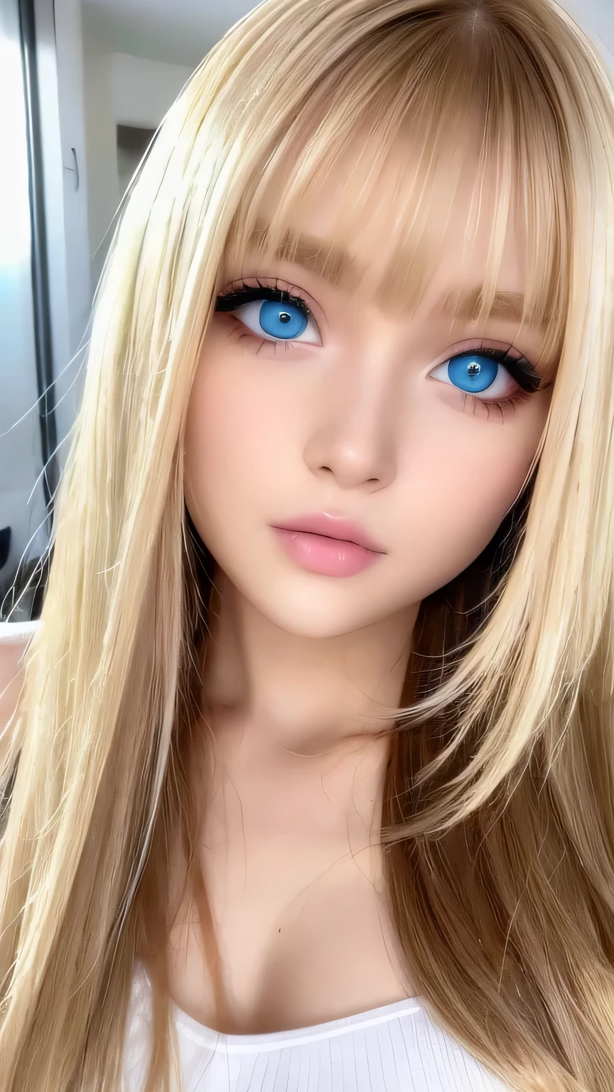 Very beautiful shiny pretty face、Beautiful shiny white skin、Glowing cheek highlight、Beautiful cute sexy pale very bright blue eyes、hair over eyes、hair over one eye、hair between eyes、Big double eyelid eyes、Beautiful very long shiny silky pale blonde straight hair、Sexy 、A cute beautiful girl with long bangs over her eyes、The most beautiful girls in the world in the West、Round face、Adorable appearance、